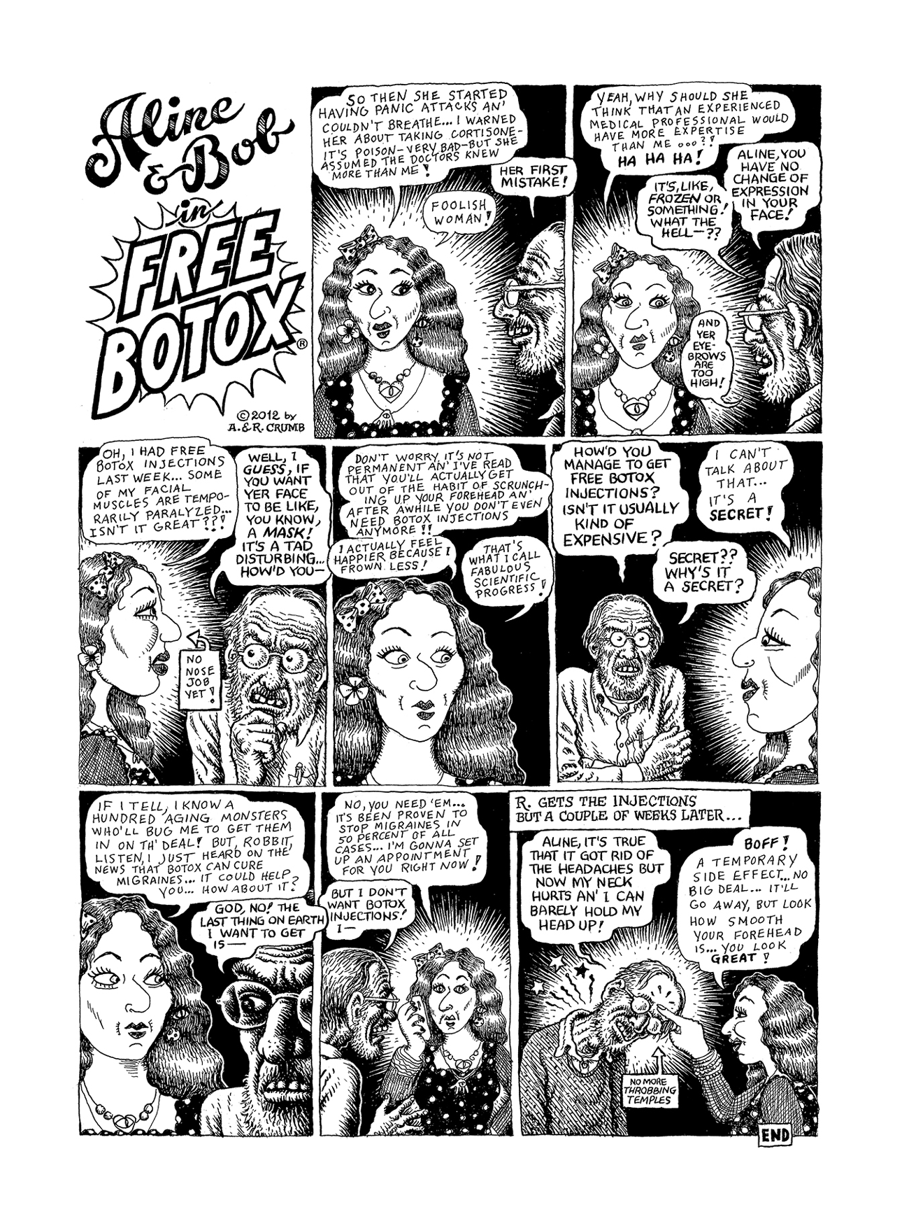 A drawing by Aline Kominsky Crumb and R. Crumb titled, Aline & Bob in Free Botox, dated 2012.