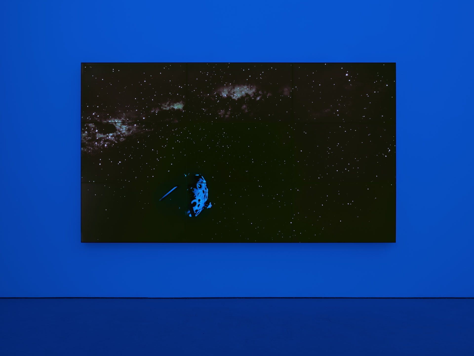 A 9-monitor video wall by Diana Thater, titled Sidereus Nuncius, dated 2014. 