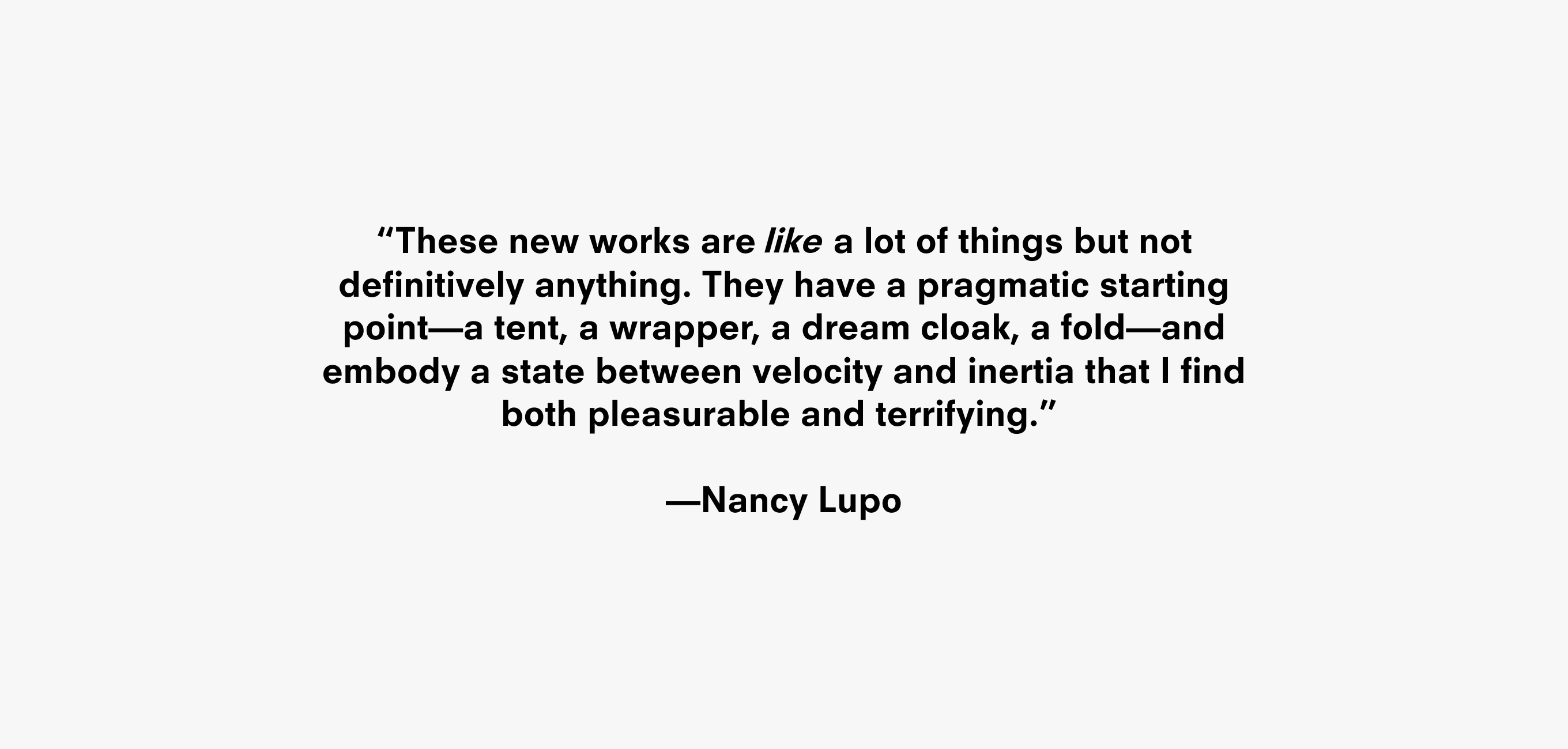 Text description that reads “These new works are a lot of things but not definitively anything. They have a pragmatic starting point—a tent, a wrapper, a dream cloak, a fold—and embody a state between velocity and inertia that I find both pleasurable and terrifying.” —Nancy Lupo
