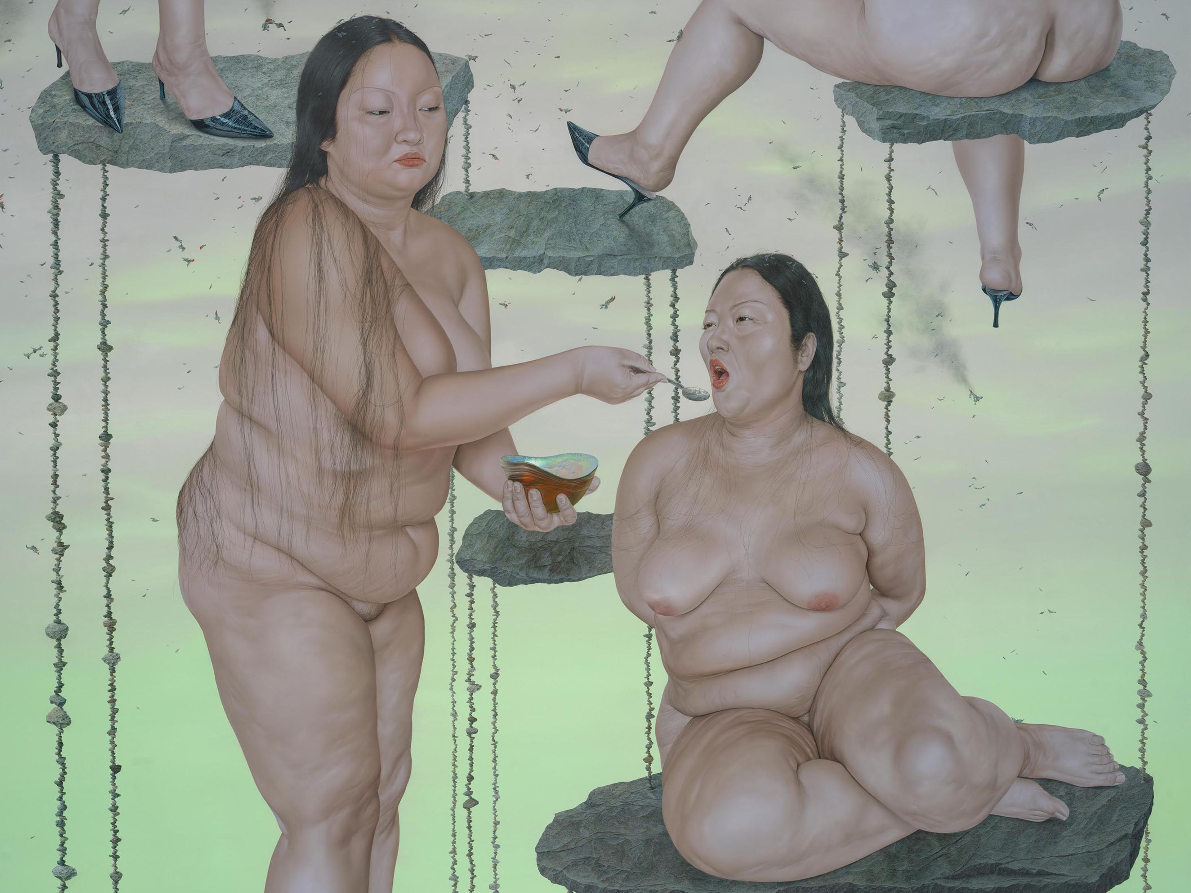 A detail from a painting by Sasha Gordon, titled Husbandry Heaven, dated 2025.