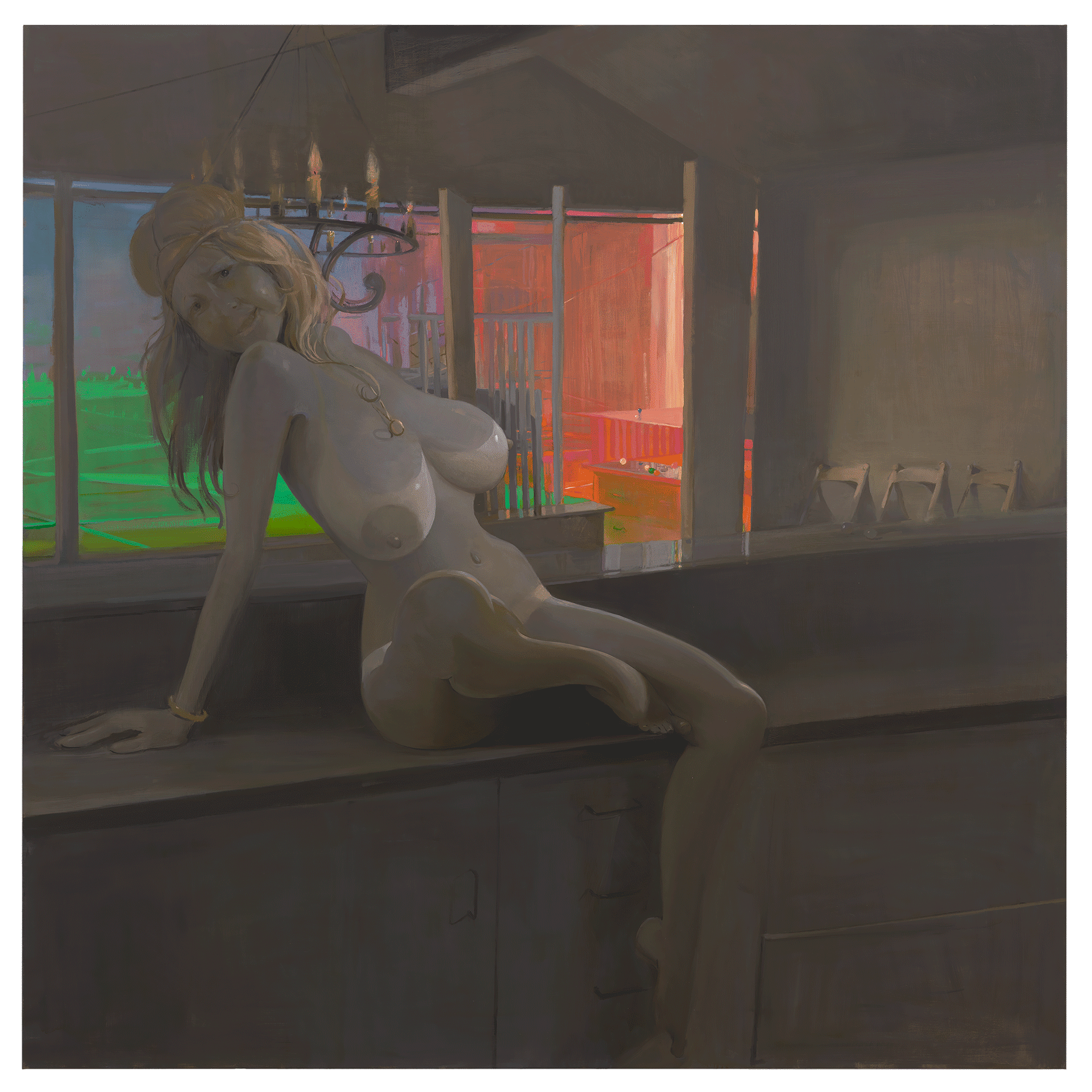 A painting by Lisa Yuskavage, titled Housewarming, dated 2016.