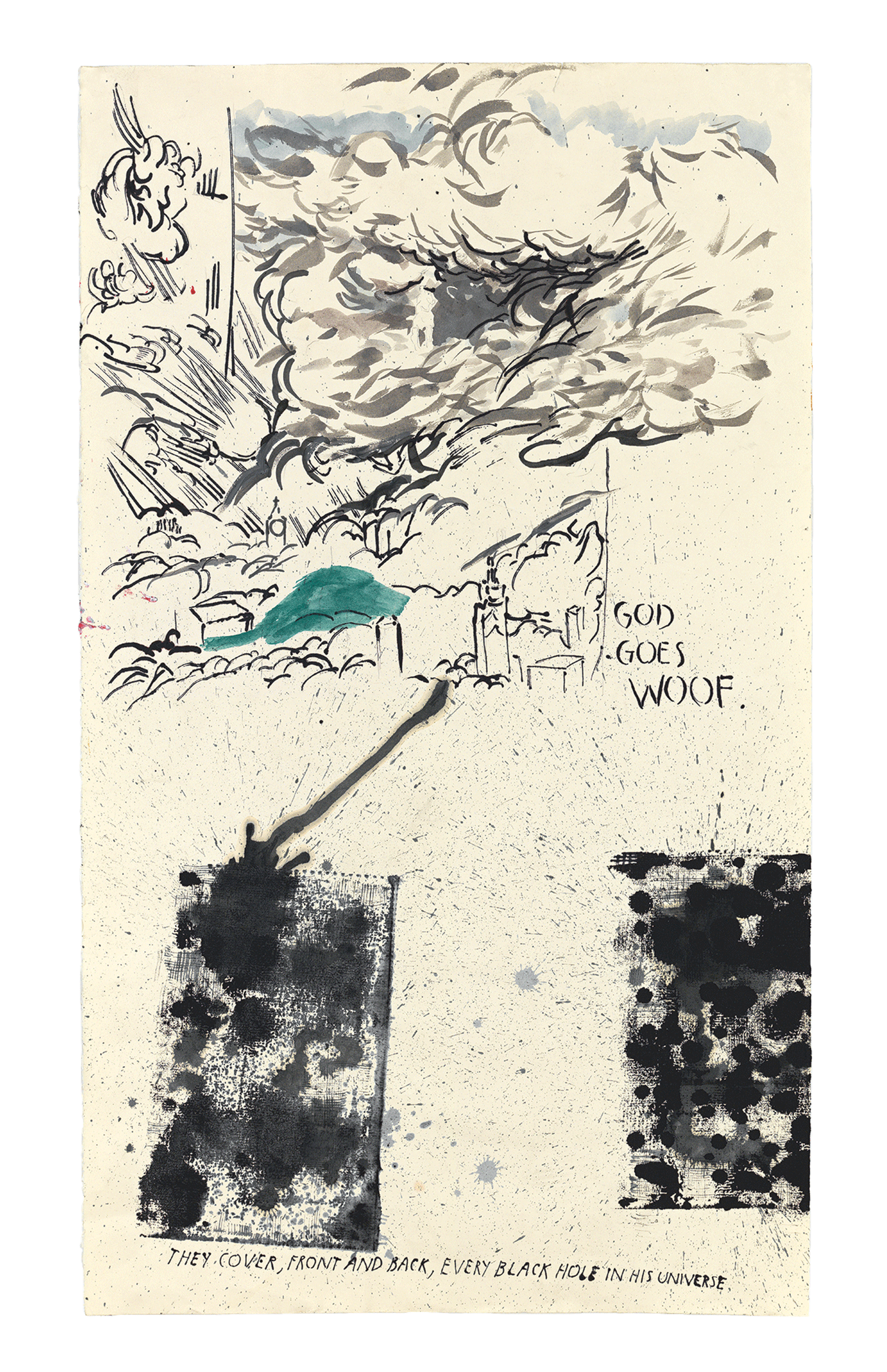 A drawing by Raymond Pettibon titled No Title (God goes woof...), dated 2005.