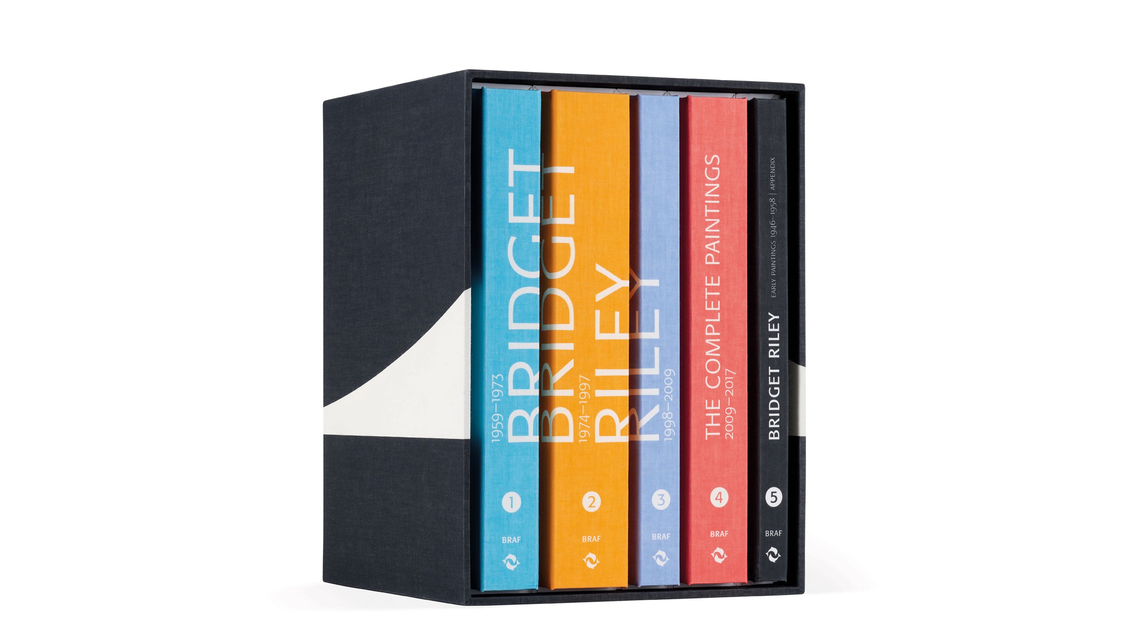 Covers of a book box set titled Bridget Riley: The Complete Paintings, published by Thames and Hudson in 2018.