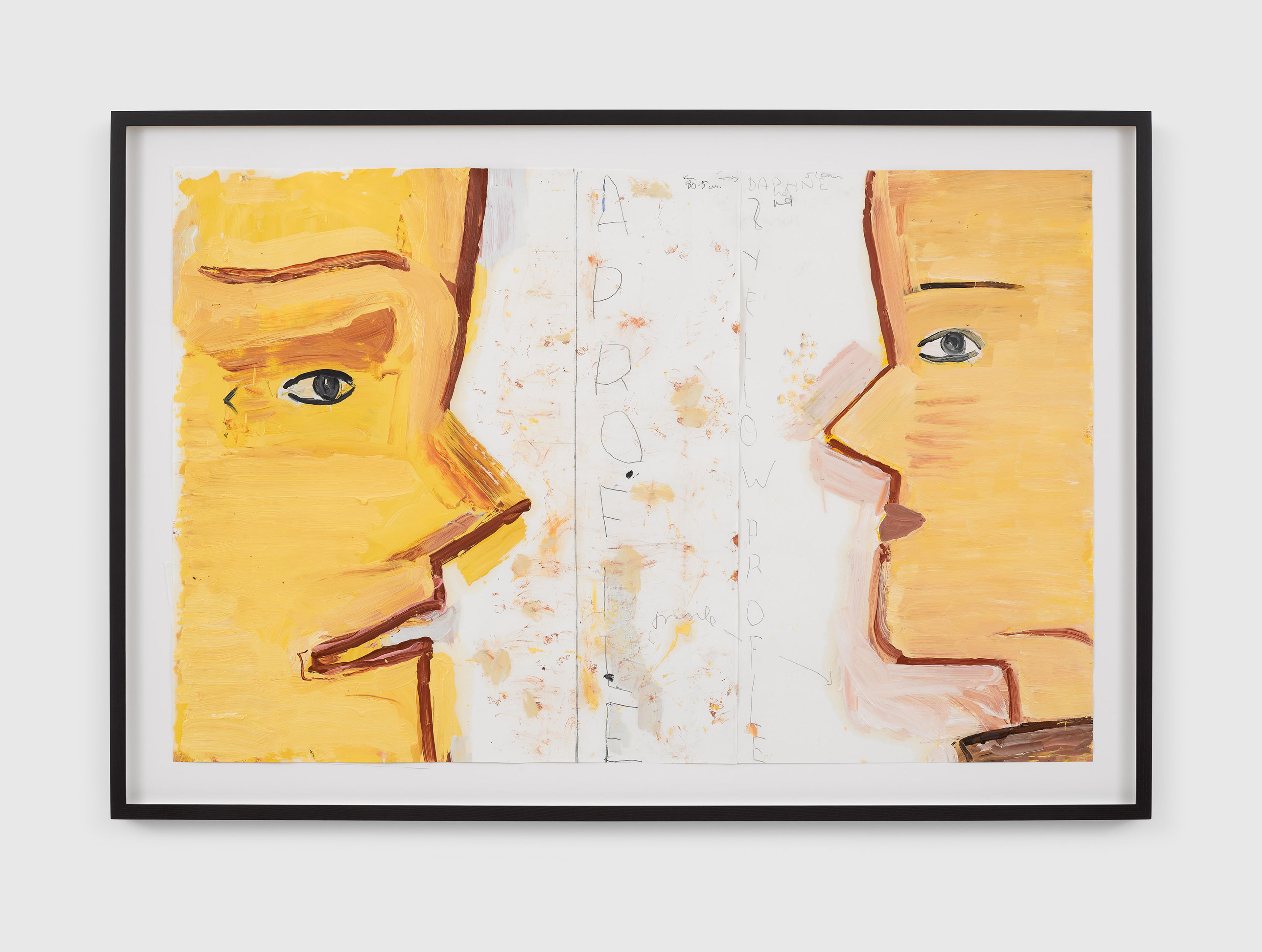 A work on paper by Rose Wylie, titled ﻿A Relationship (2 Yellow Profiles), dated 2023.
