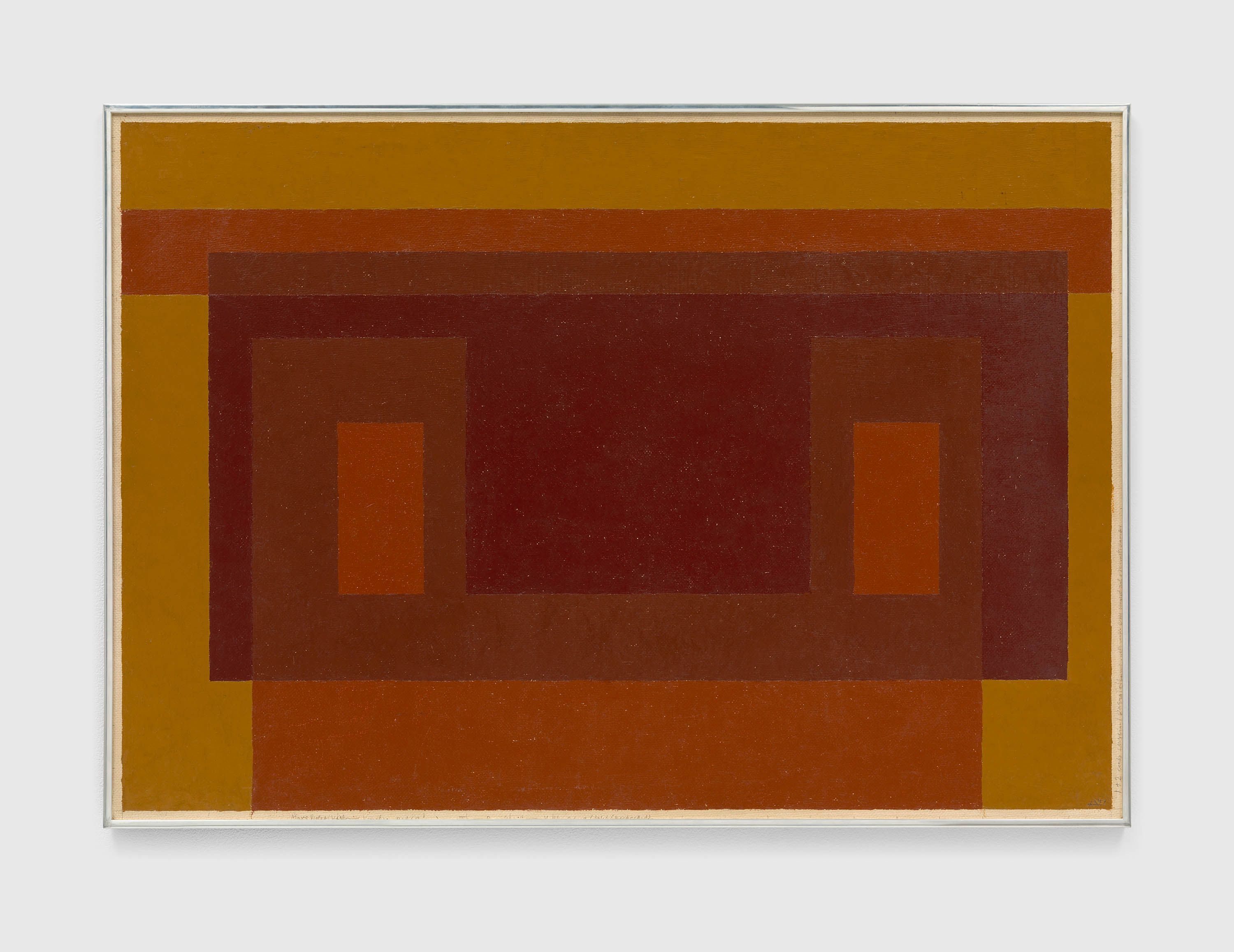 A painting by Josef Albers, titled 3 Red-Brown and Ochre, dated 1947.
