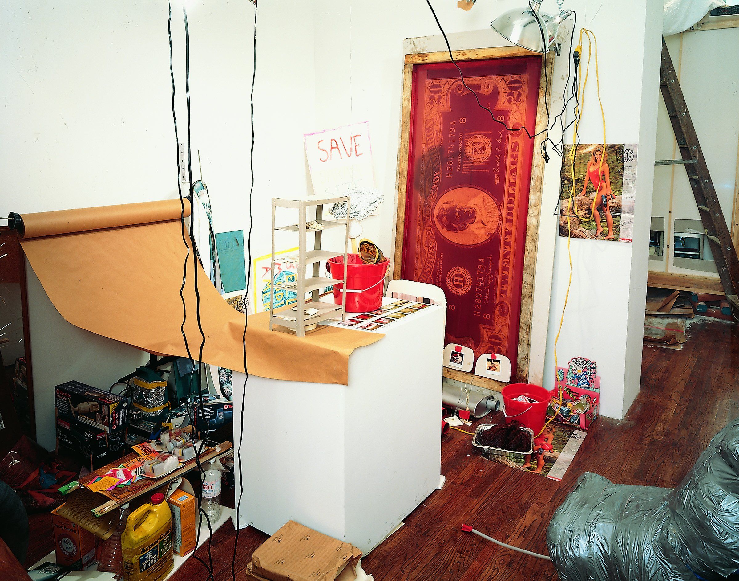 An installation view of the exhibition Jason Rhoades: CHERRY Makita - Honest Engine Work, at David Zwirner New York, dated 1993.