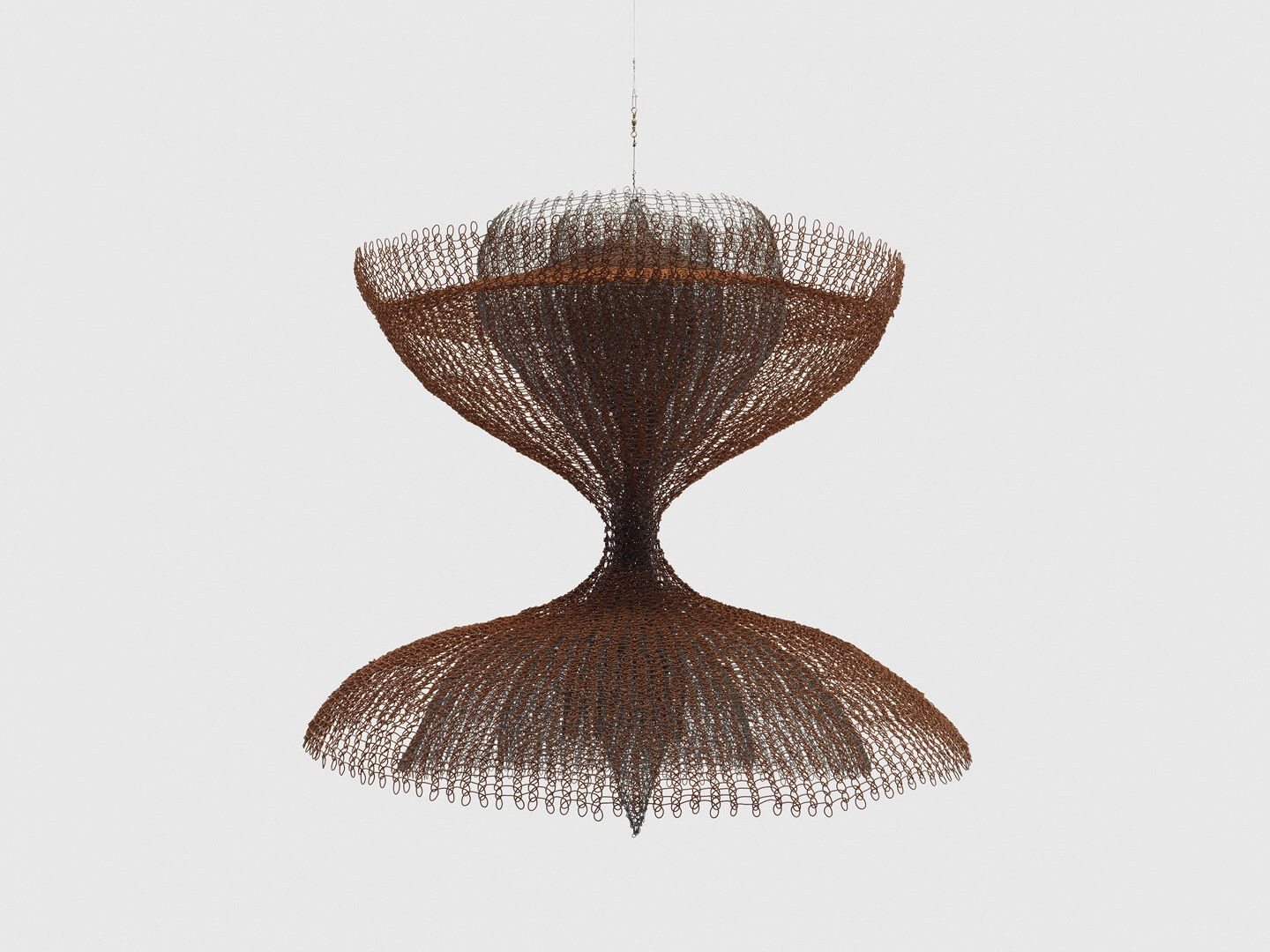 A hanging galvanized steel and iron wire sculpture by Ruth Asawa, titled Untitled (S.041, Hanging Four Layers of Hourglass Forms Surrounding a Bud-Shaped Center with an Intersecting Disk in Top), circa 1962.
