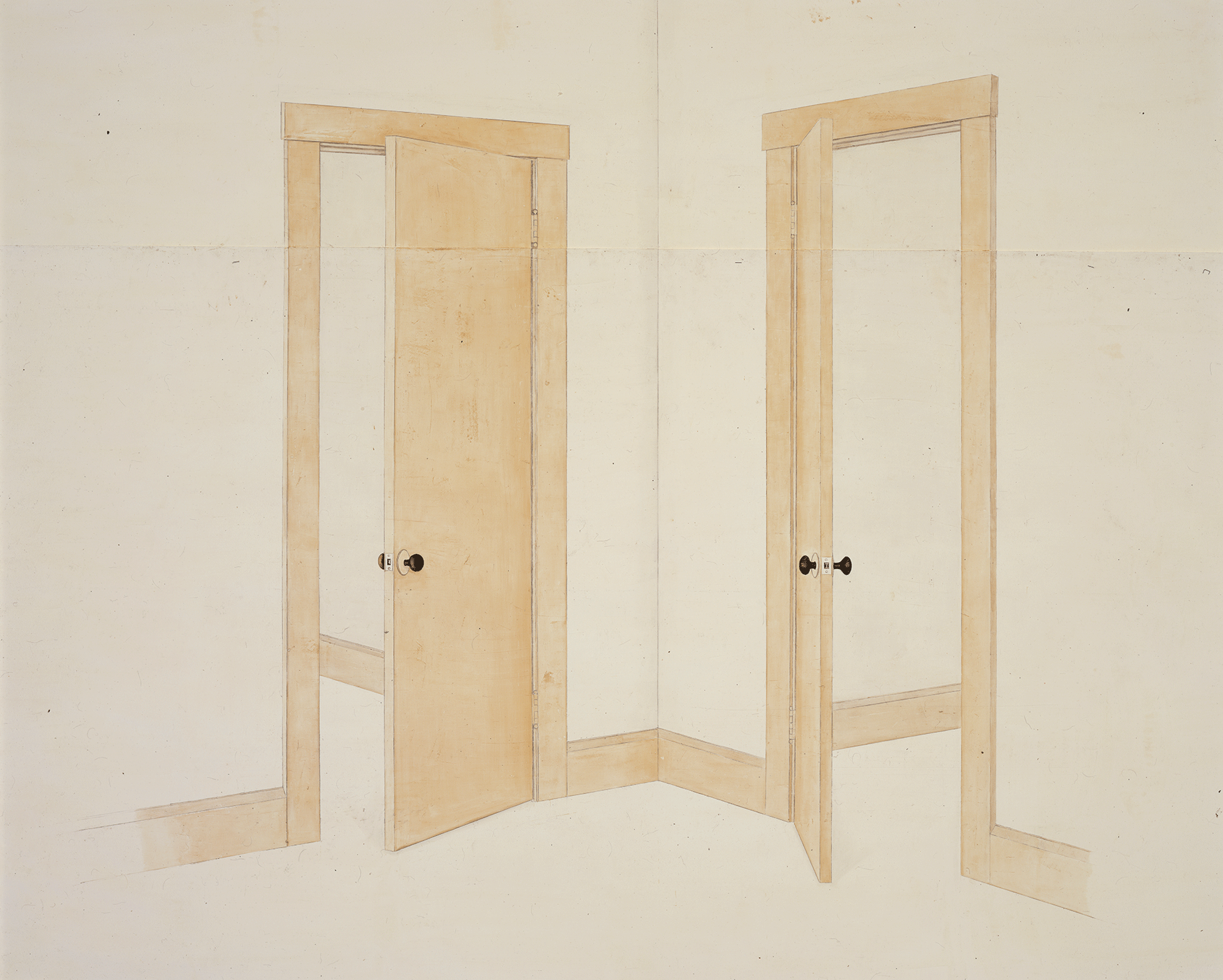 An oil and wax work on paper by Toba Khedoori, titled Untitled (doors), dated 1999.