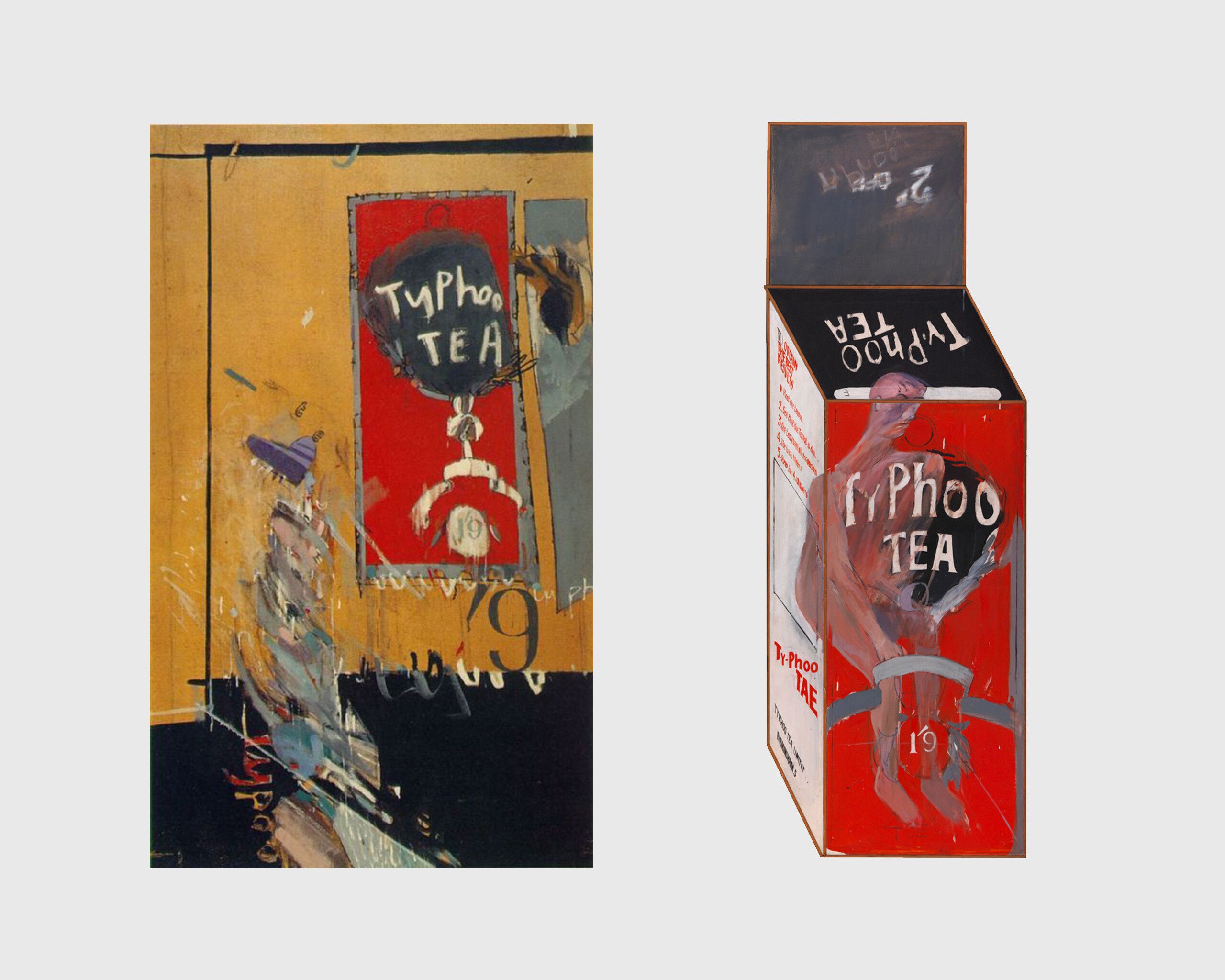 A painting by David Hockney, titled The Second Tea Painting, dated 1961 (left); Tea Painting in an Illusionistic Style, 1961 (right).