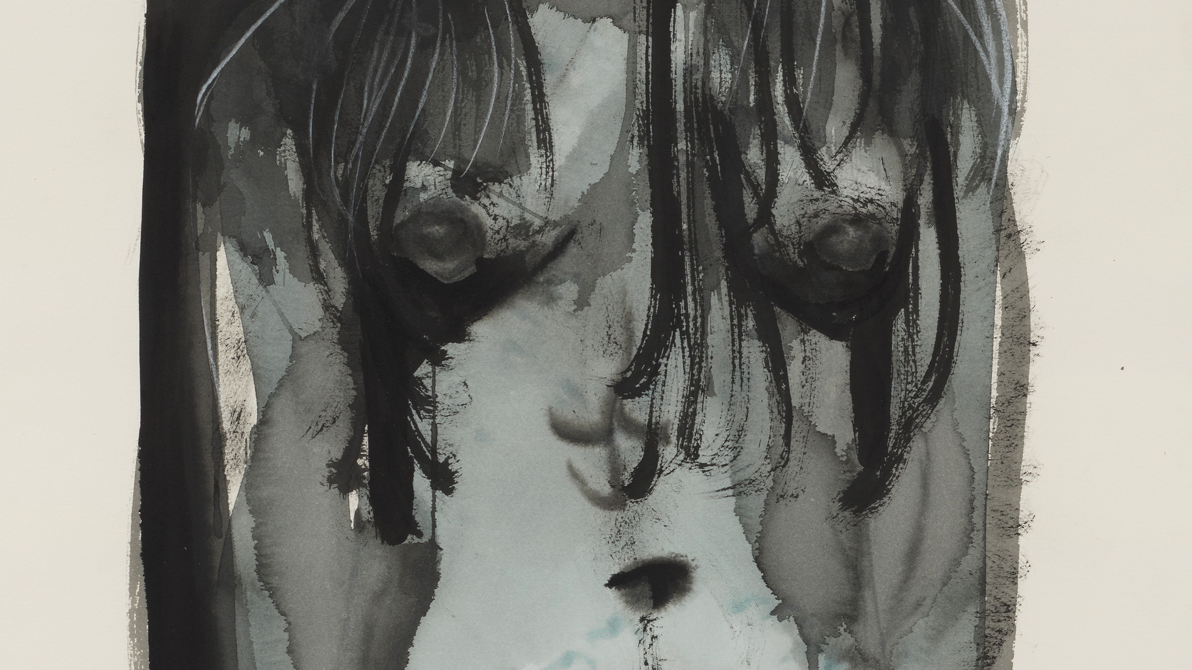 A detail of a work on paper by Marlene Dumas titled Transparent Magdalena (without head), dated 1996