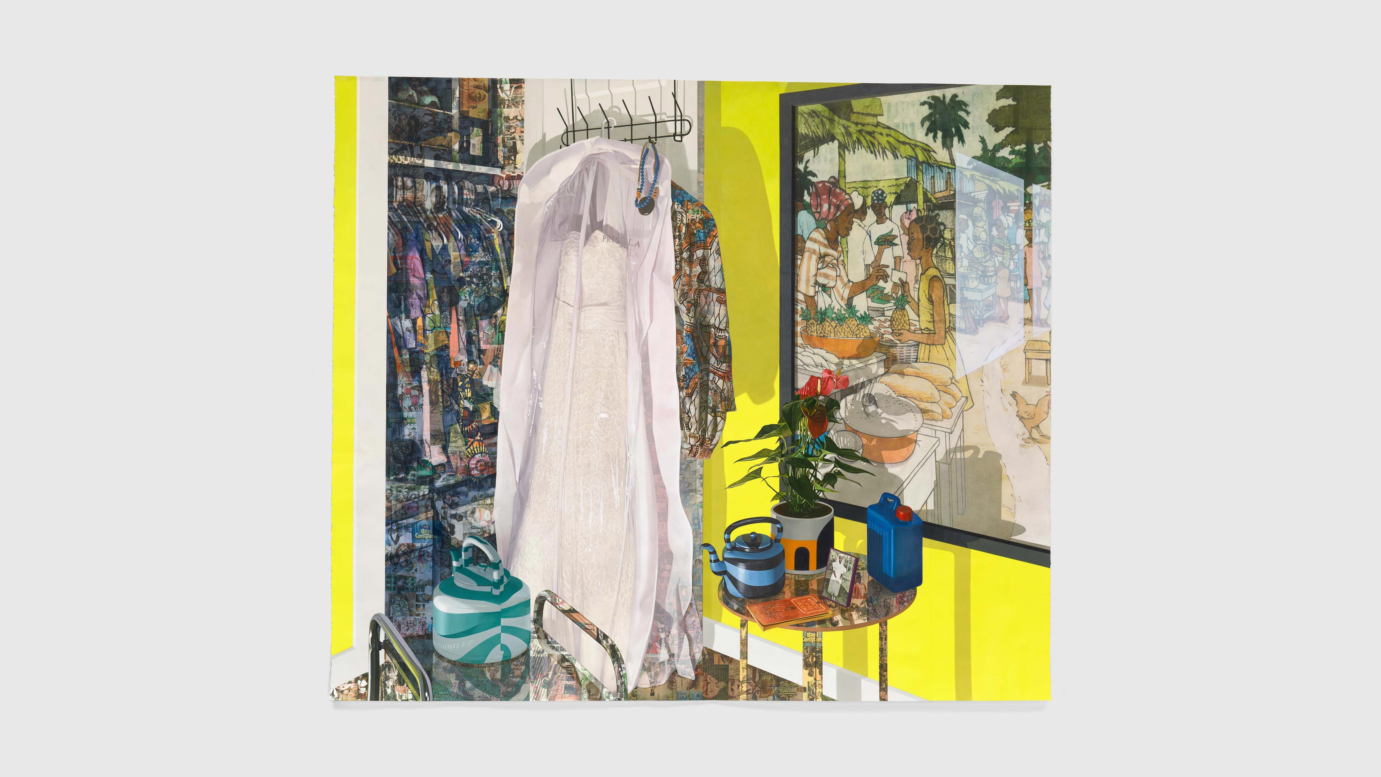 An artwork by Njideka Akunyili Crosby, titled Ejuna na-aga, ọ kpụlụ nkọlikọ ya; New Haven (Enugu) in New Haven (CT), dated 2022