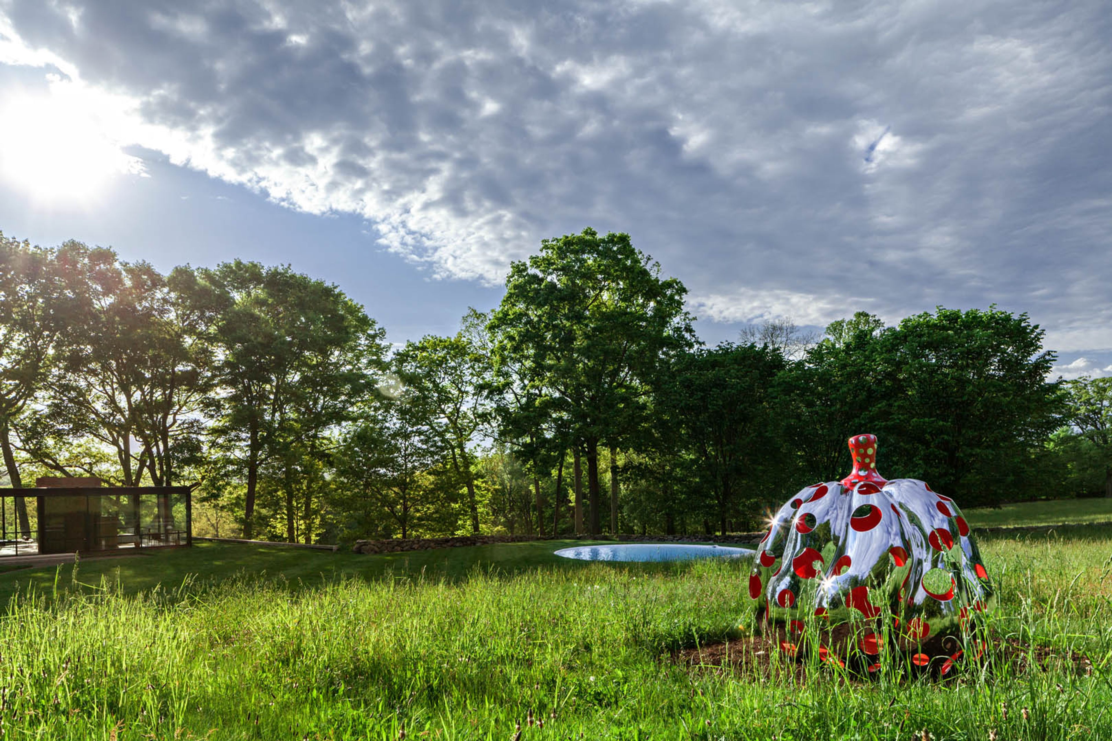 Installation view of the exhibition Yayoi Kusama: Narcissus Garden at the Philip Johnson Glass House in Connecticut, dated 2016.