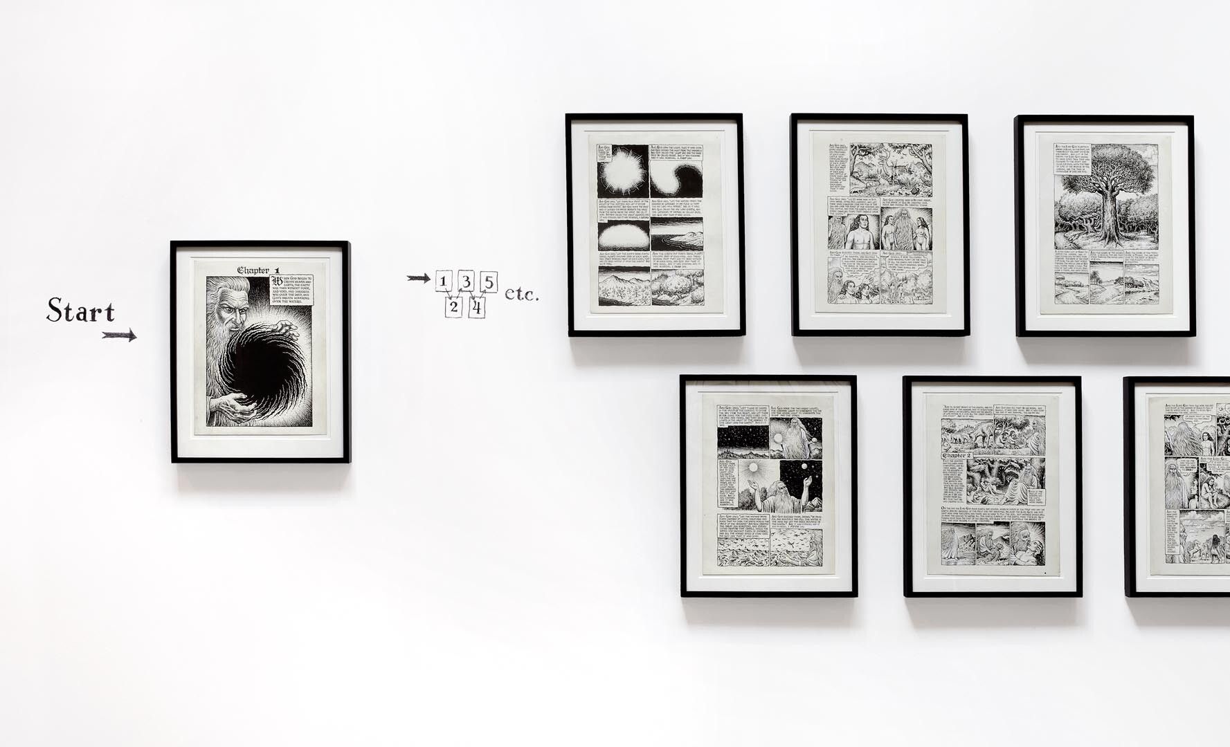 Installation view of the exhibition The Bible Illuminated: R. Crumb's Book of Genesis, at David Zwirner in New York, dated 2010.