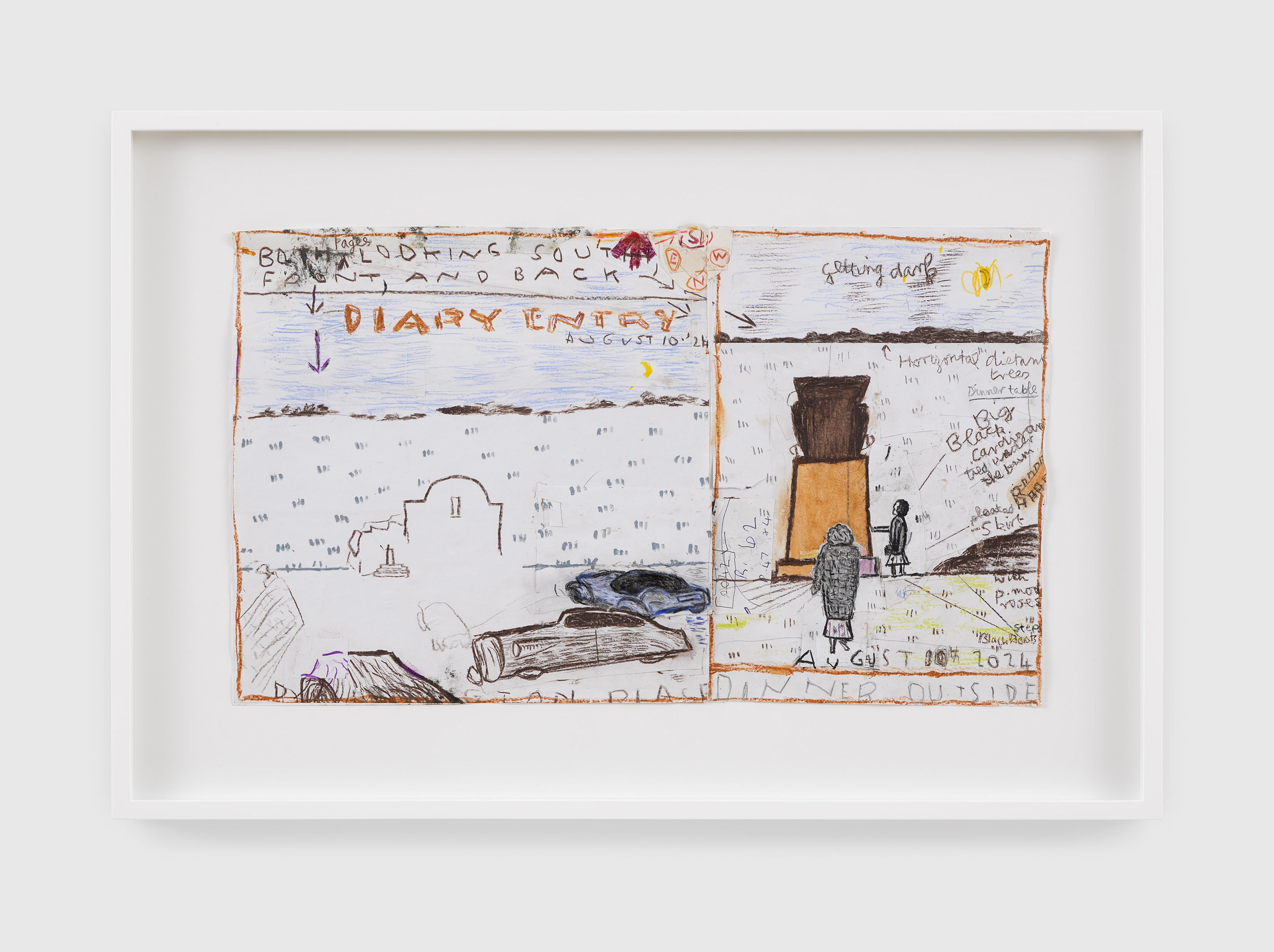 A work on paper by Rose Wylie, titled Diary Entry, drawing for Dinner Outside, dated 2024.