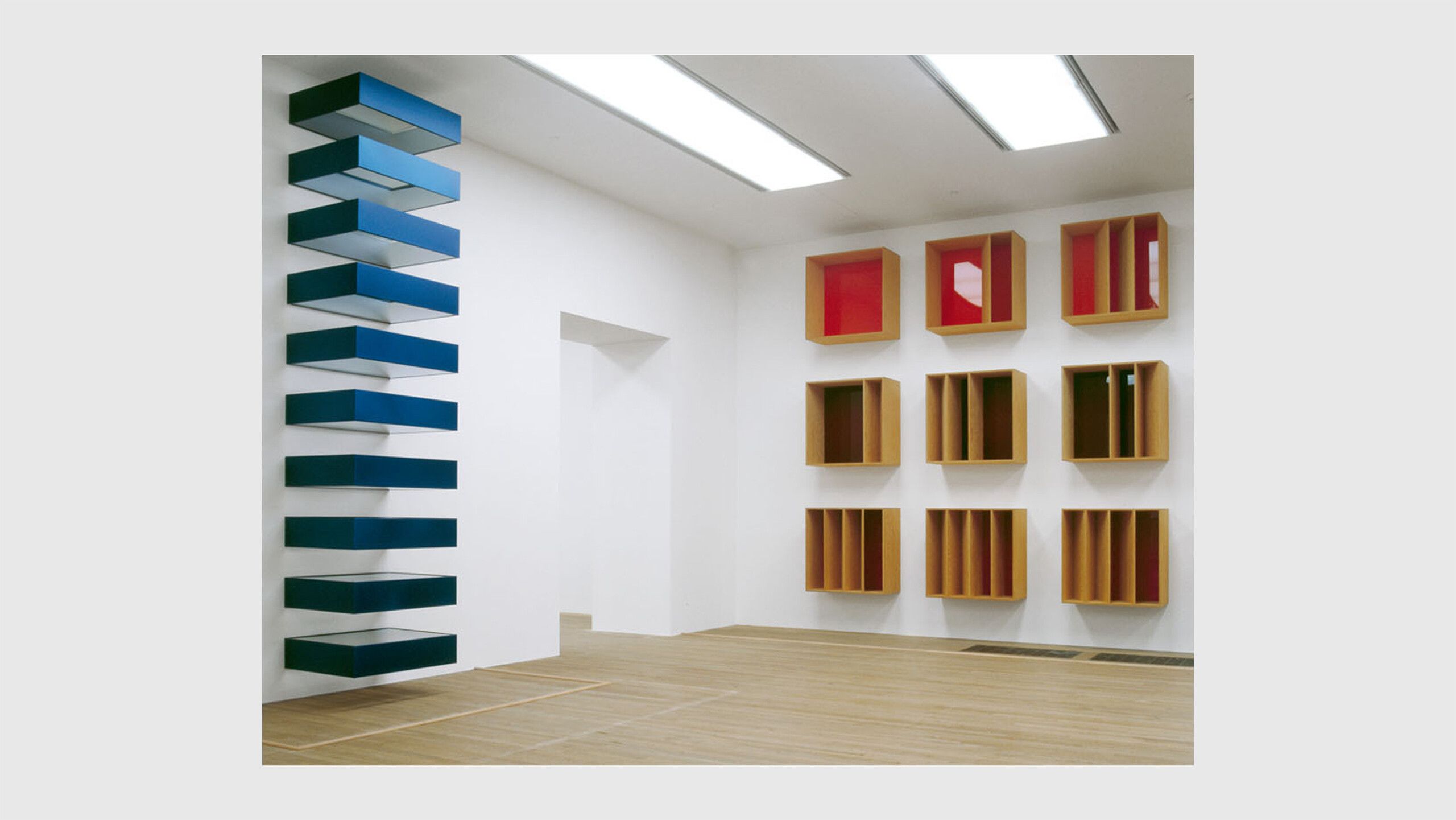 An installation view of an exhibition titled Donald Judd at Tate Modern, London, in 2004.