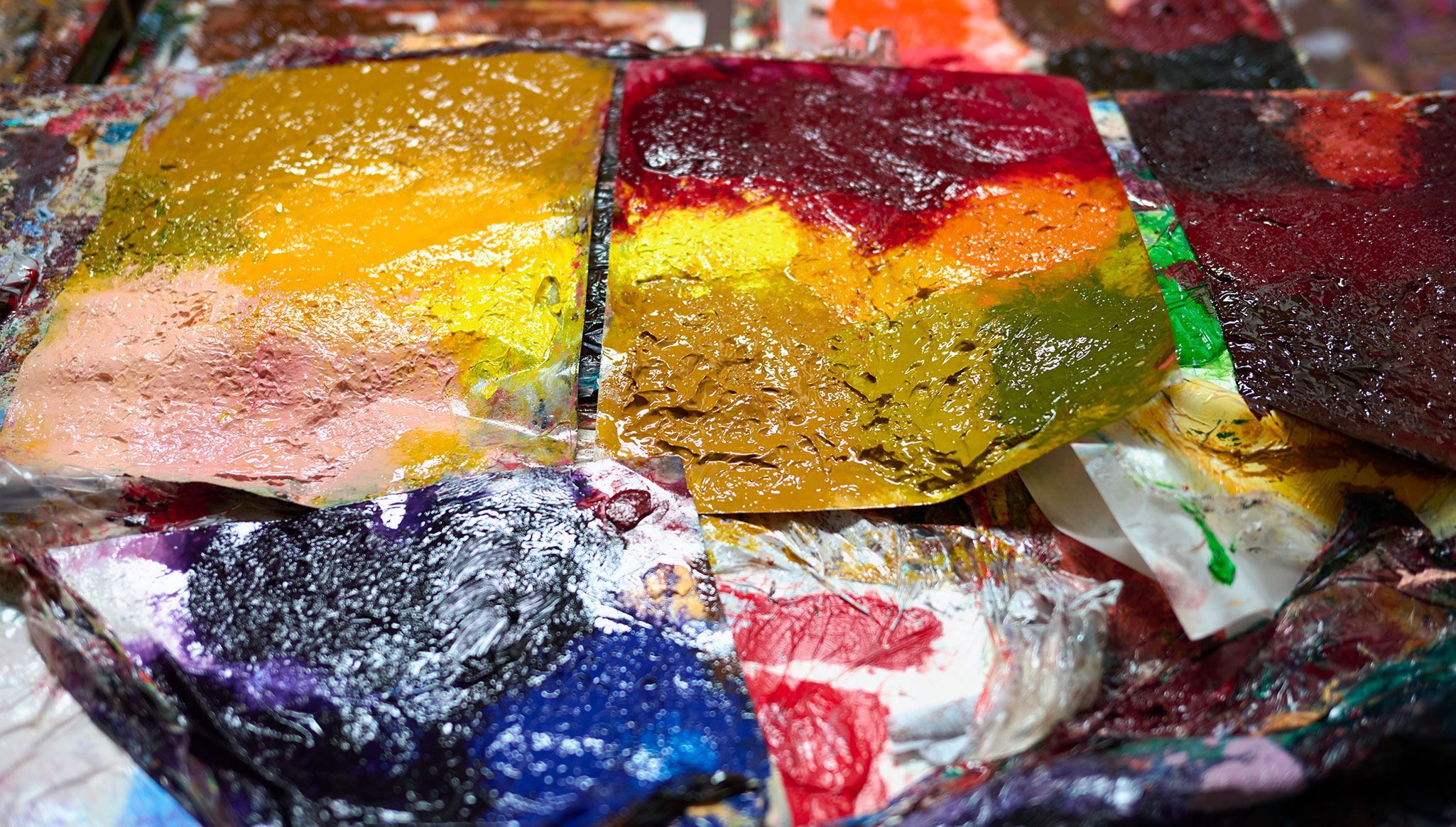 A photo of Dana Schutz’s materials, 2023. Photo by Jason Schmidt