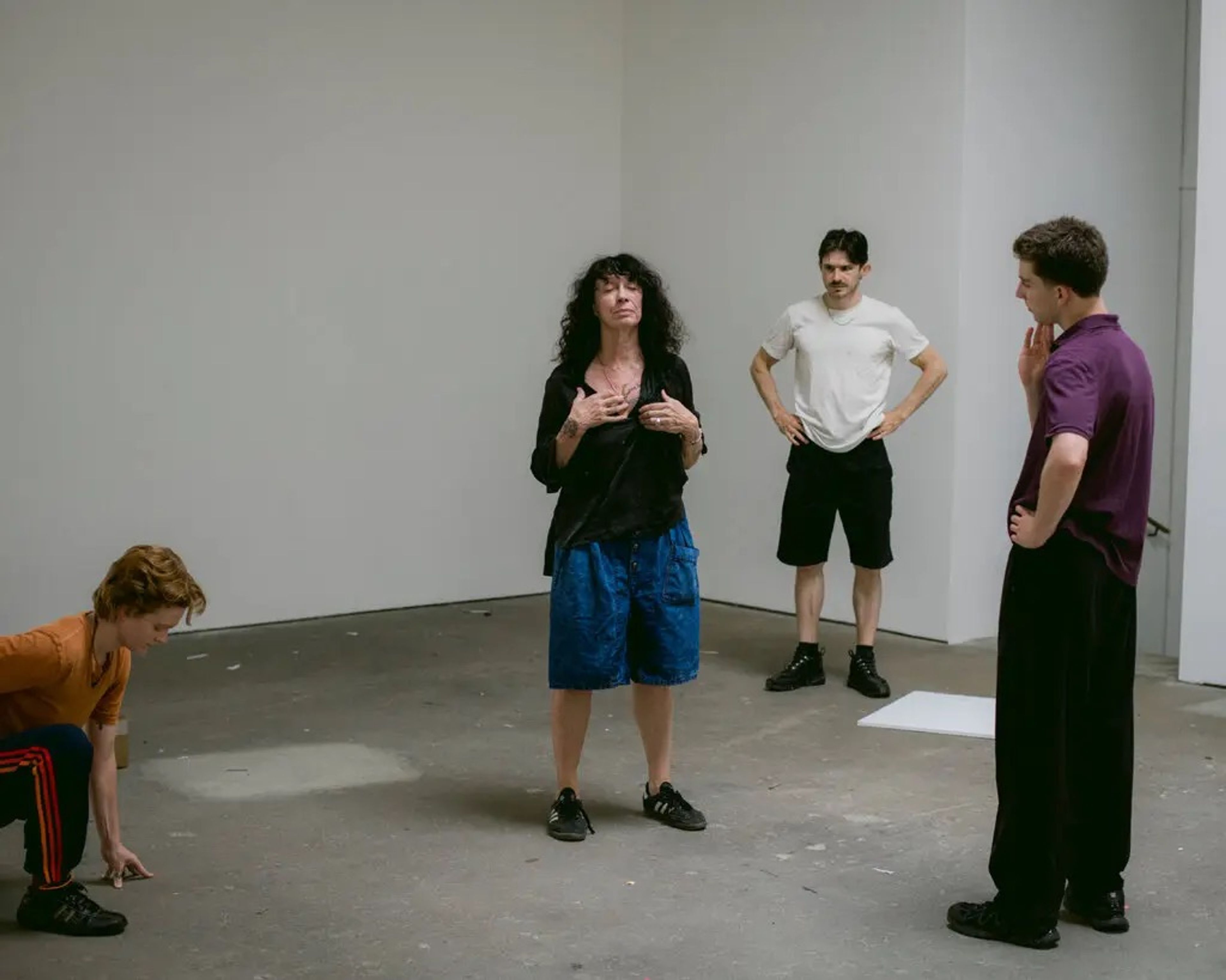 A color photograph of Sarah Michelson, Max Marxer, her studio assistant John Hoobyar and Mateo Tirres, dated 2026.
