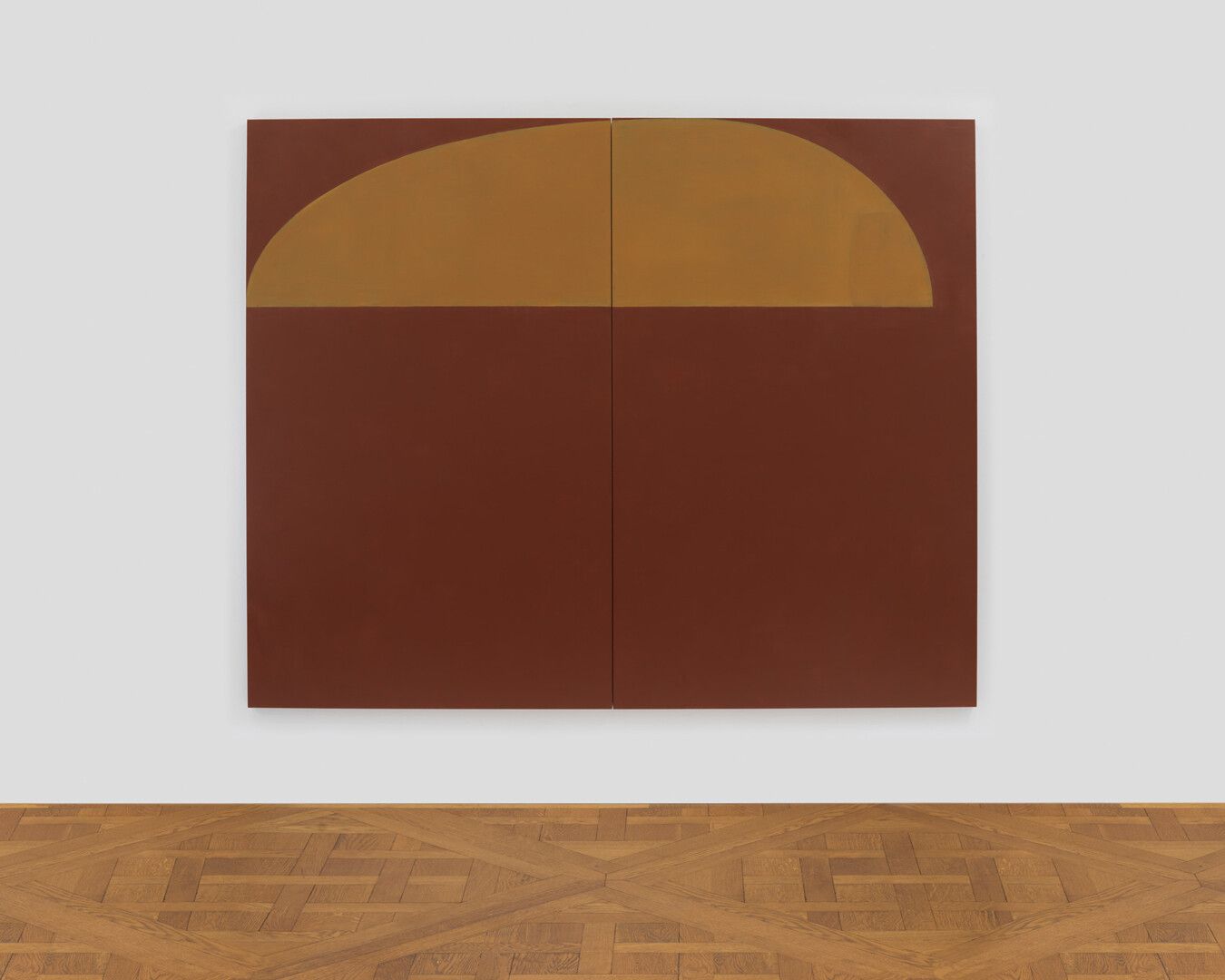 An oil painting on linen by Suzan Frecon, titled snaefellsjoekull (dark reddish brown violet earth) northern light, dated 2018.