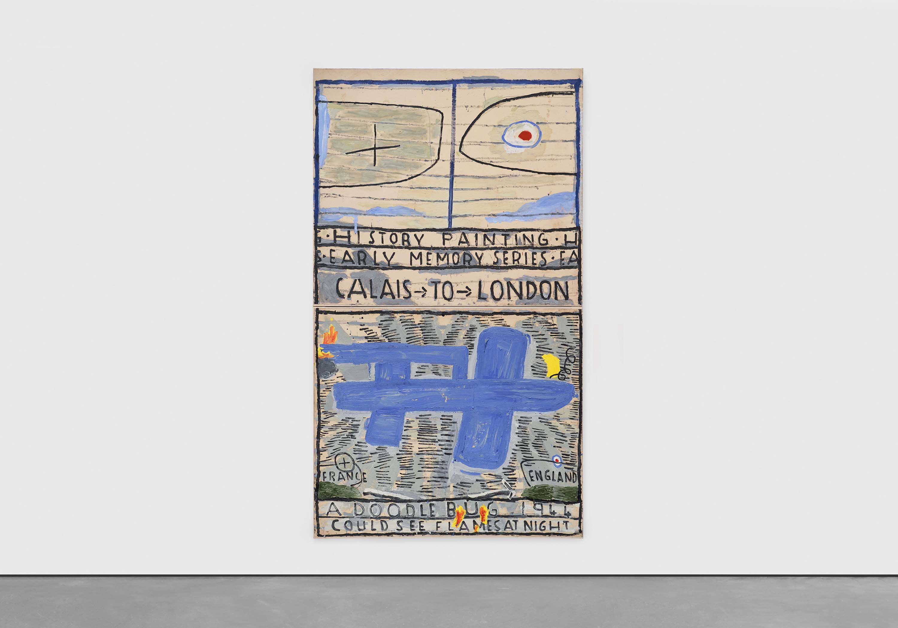 A painting by Rose Wylie, titled Wing Tips and Blue Doodlebug, dated in 2022 and 2023.