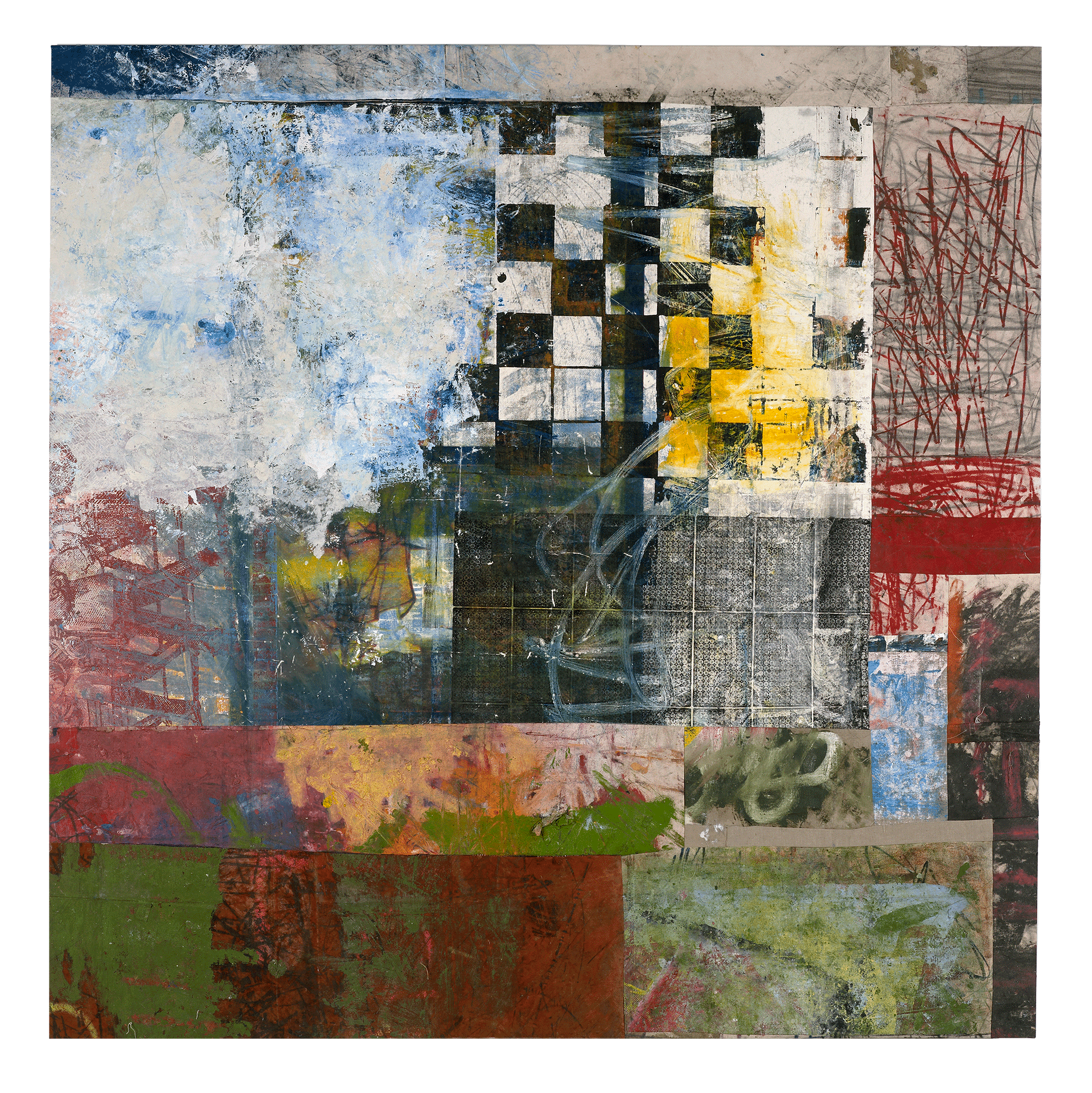 A painting by Oscar Murillo, titled tea, HSBC, grid, dated 2013-2015.