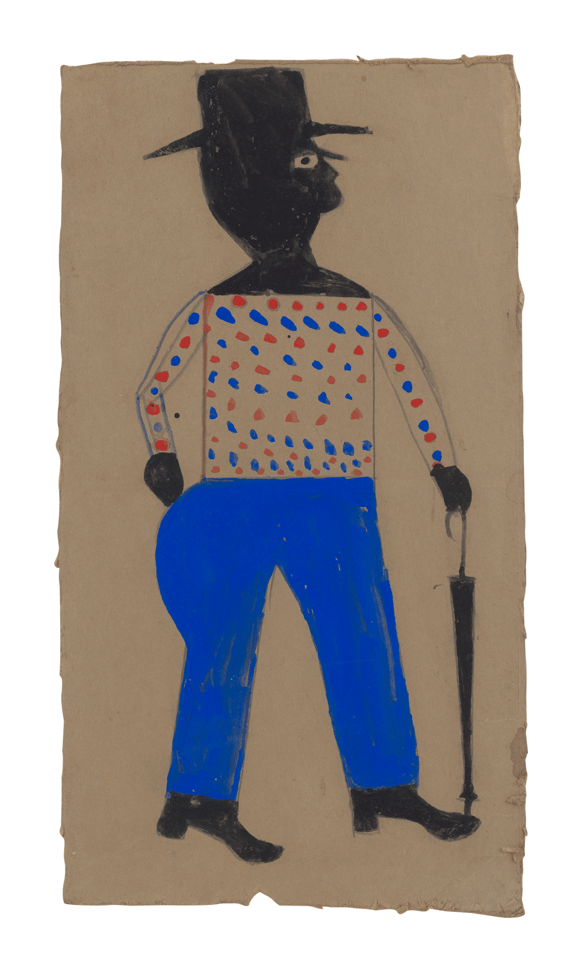 A mixed media work on cardboard by Bill Traylor, titled Man with Spotted Shirt, Hat, and Umbrella, 1993 to 1942.