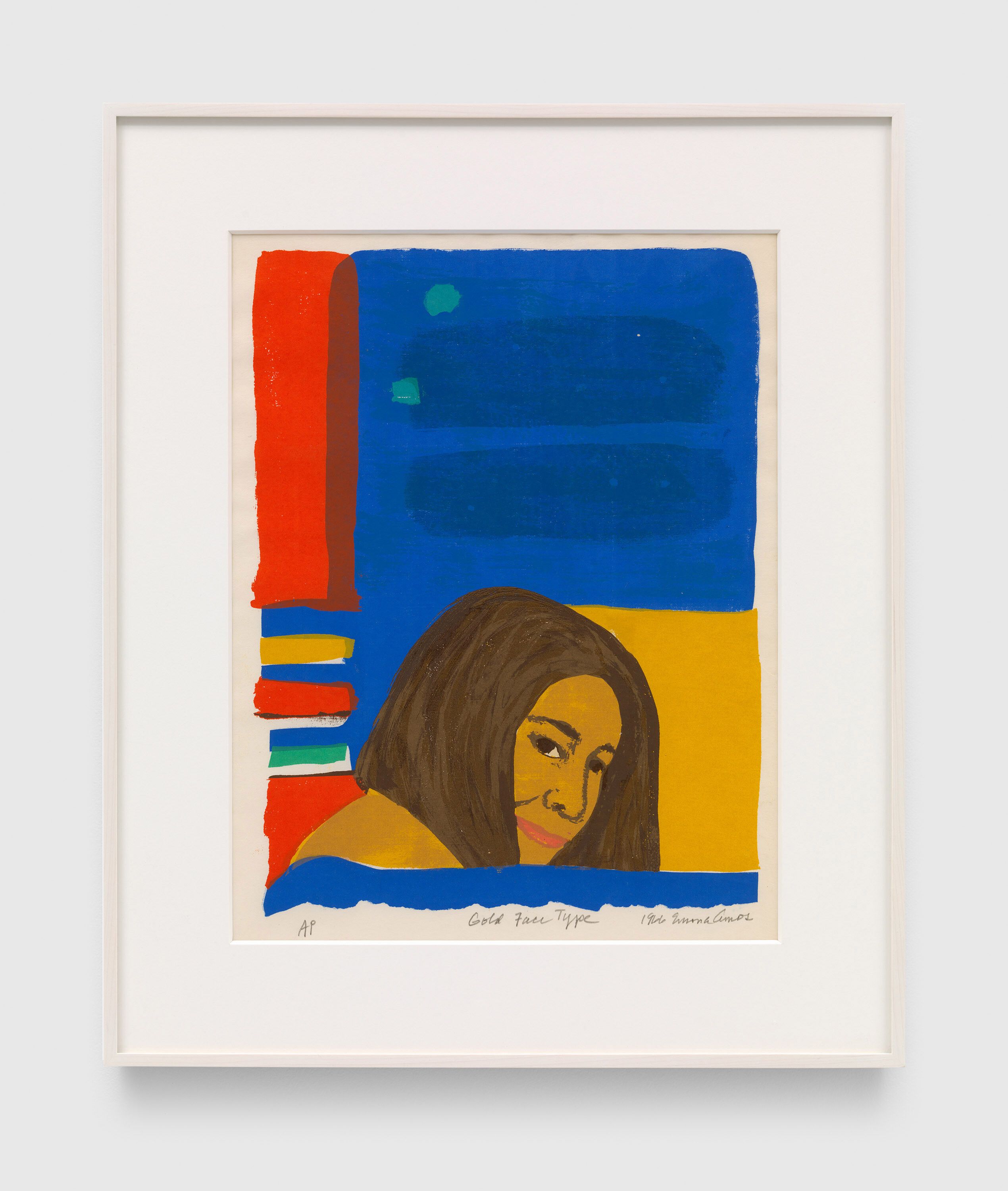 A print by Emma Amos, titled ﻿Gold Face Type, dated 1966.