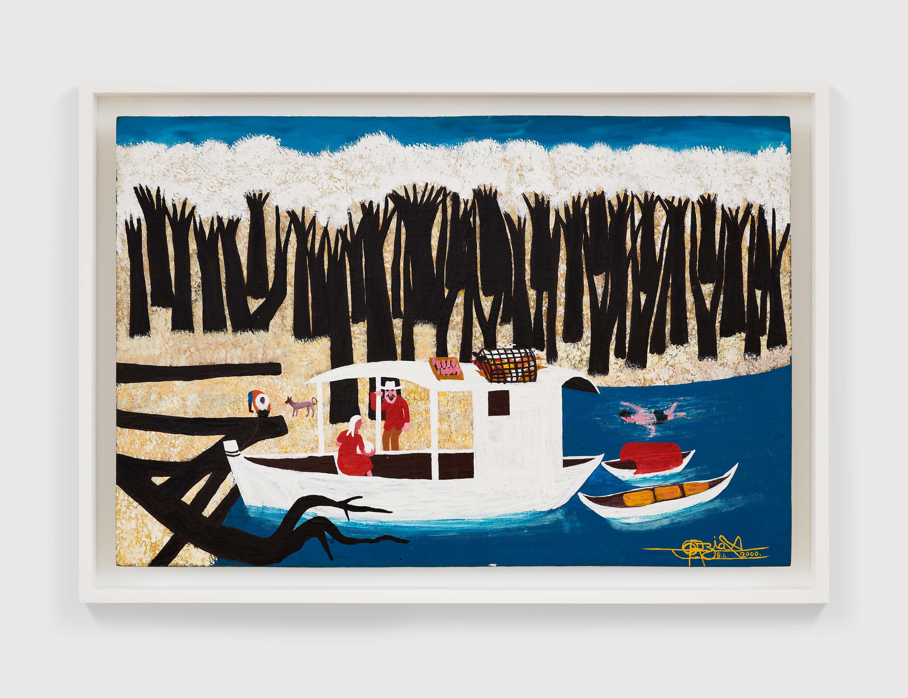 A painting by Odoteres Ricardo de Ozias, titled Embarcação de Rio, dated 2000.
