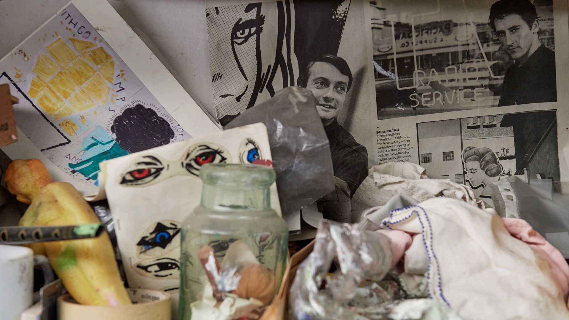 A photograph of Rose Wylie's studio, dated 2019
