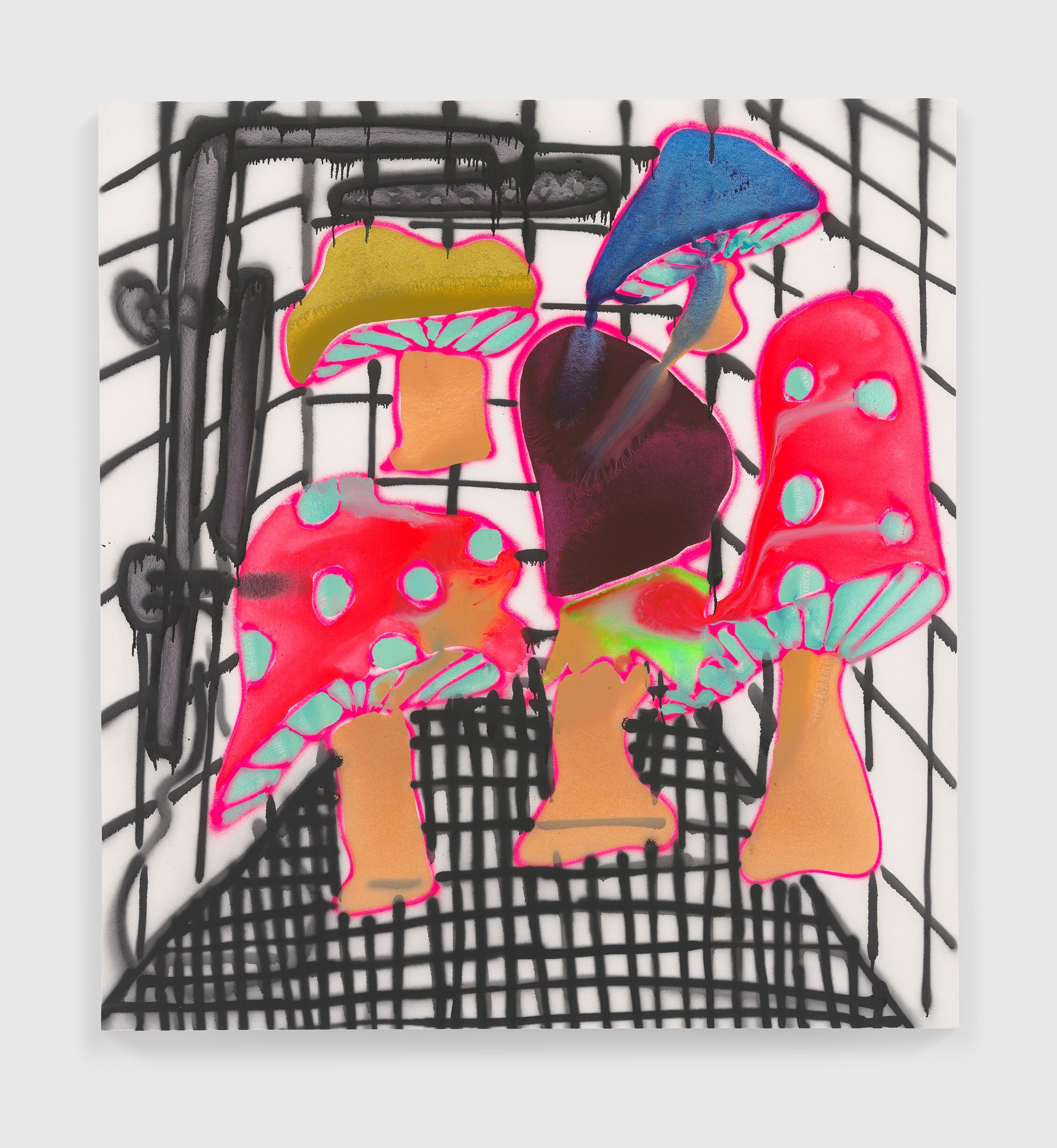 An acrylic and spray paint on canvas artwork by Katherine Bernhardt, titled Mycology, dated 2022.