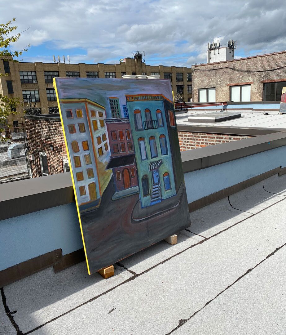 An installation view of the exhibition titled Josh Smith: High As Fuck on the artist's studio roof in Brooklyn, New York, dated 2020.
