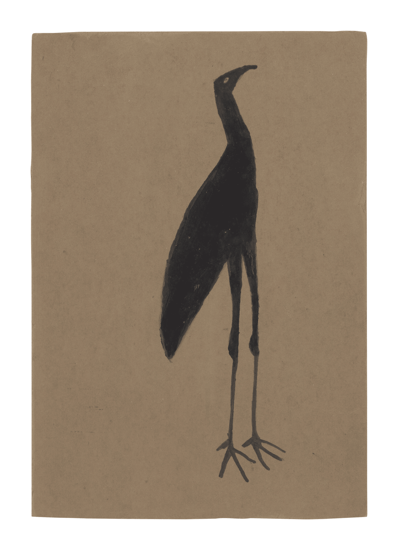 A mixed media work on cardboard by Bill Traylor, titled Black Heron, 1939 to 1942.