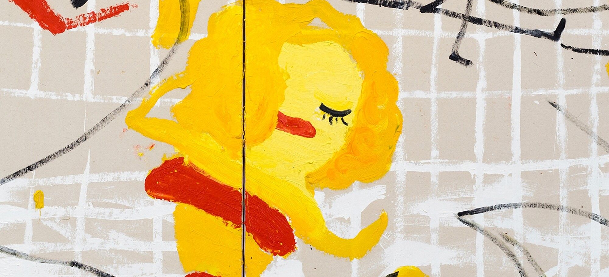 A detail from a painting by Rose Wylie, titled Yellow Girls I, dated 2017.