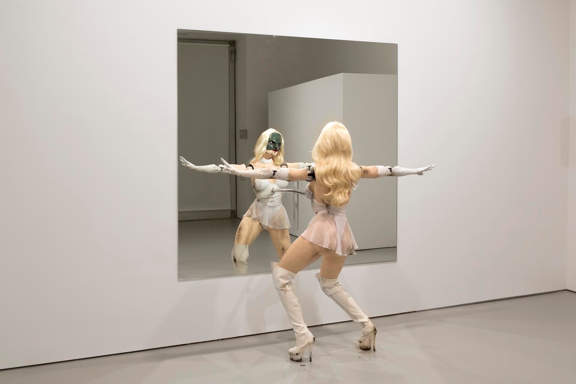 An installation view featuring works by Jordan Wolfson, dated 2014