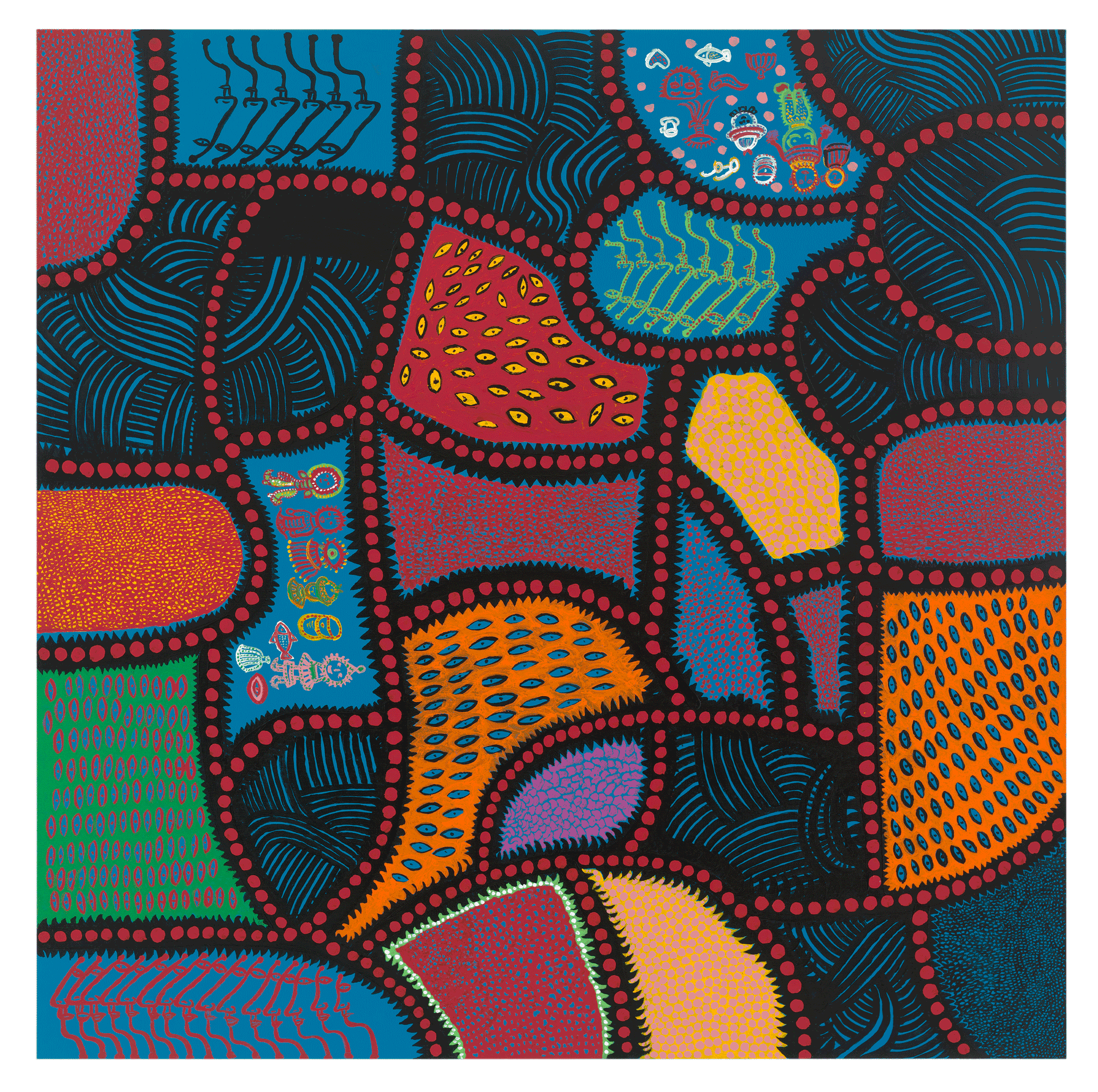A painting by Yayoi Kusama, titled VISIONARY DEATH‚Äã, dated 2014.