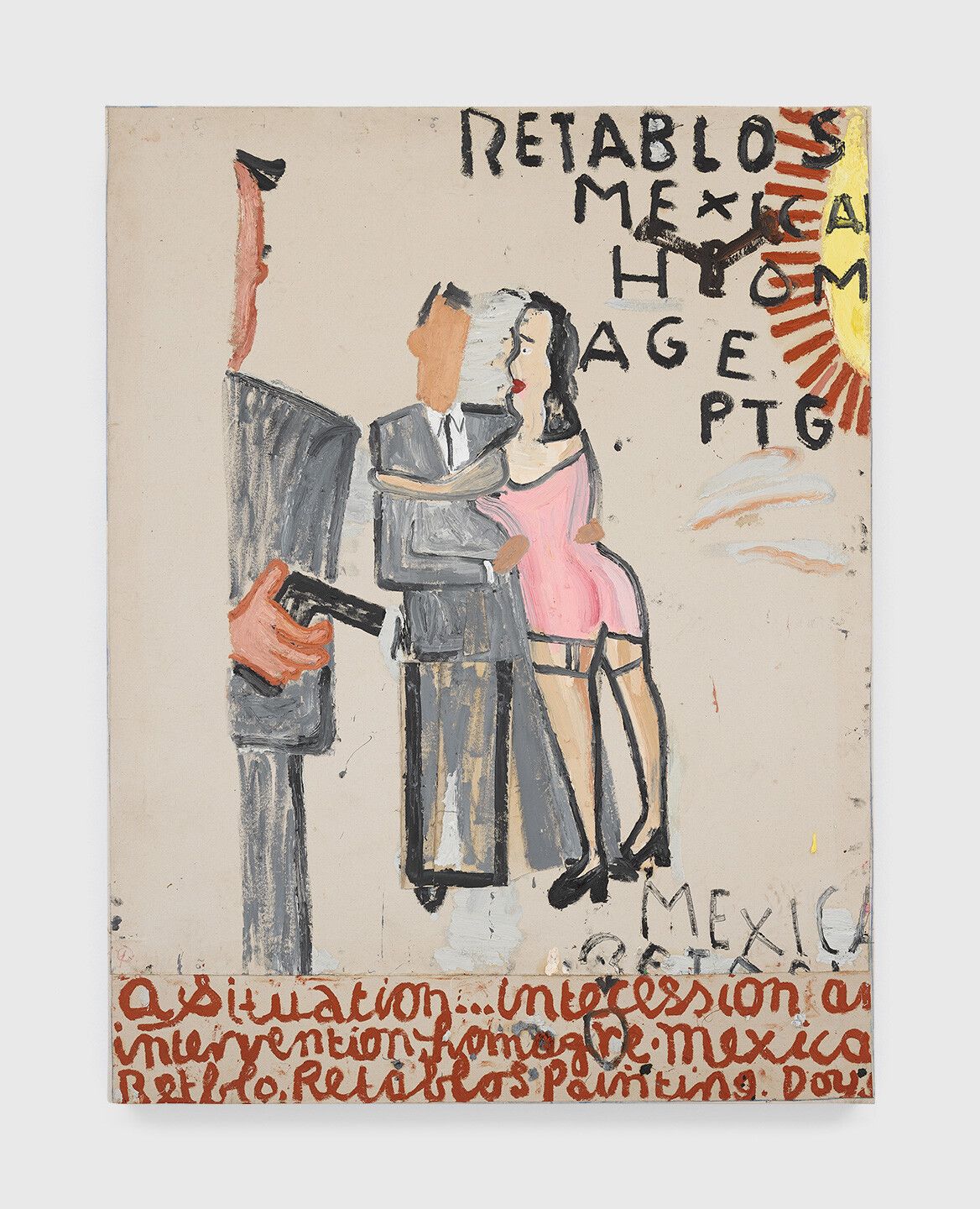 An oil painting on canvas by Rose Wylie, titled Gun and Trouser, homage to Retablos painting, dated 2020.
