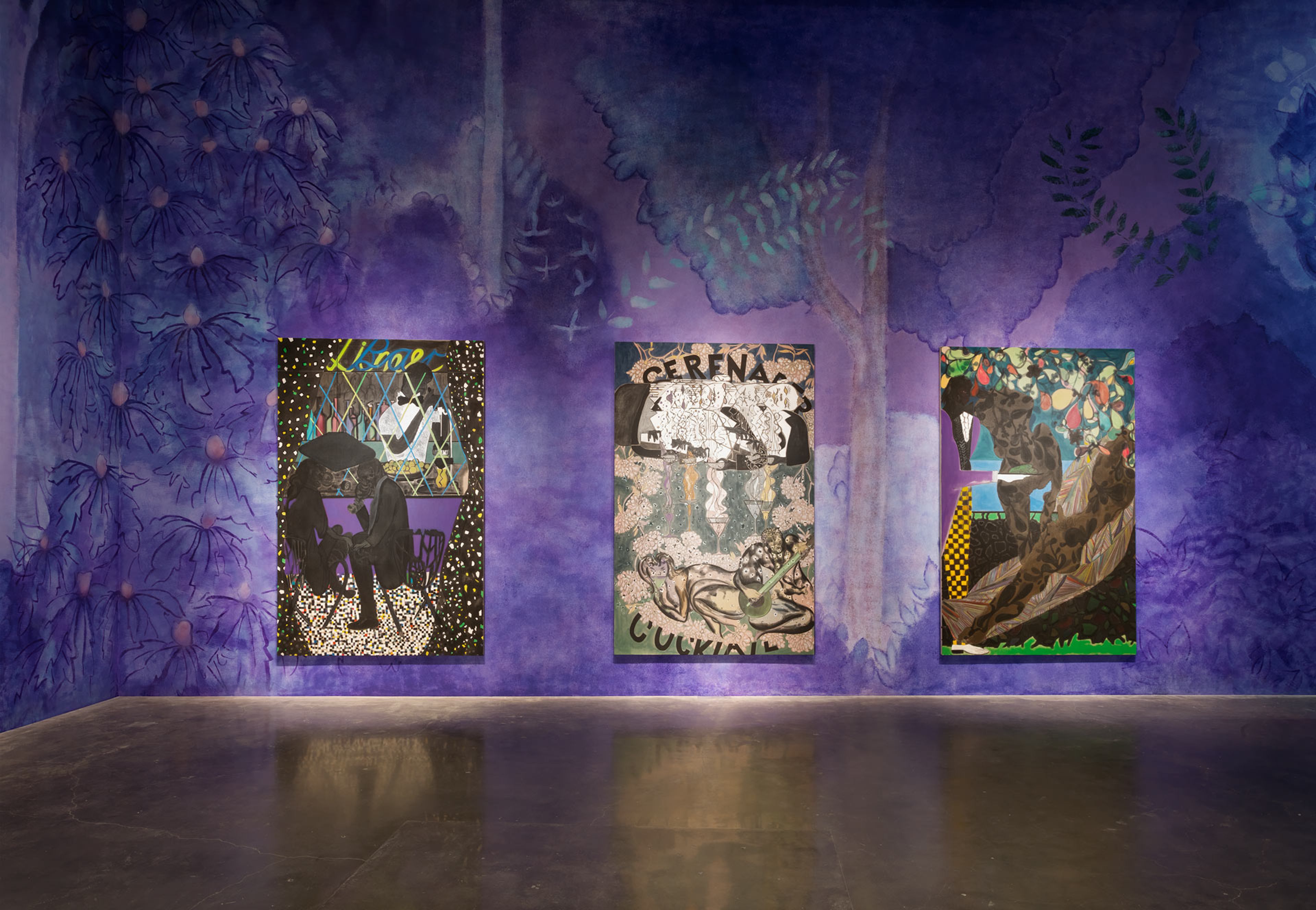 Installation view of the exhibition, Chris Ofili: Night and Day, at the New Museum in New York, dated 2014.