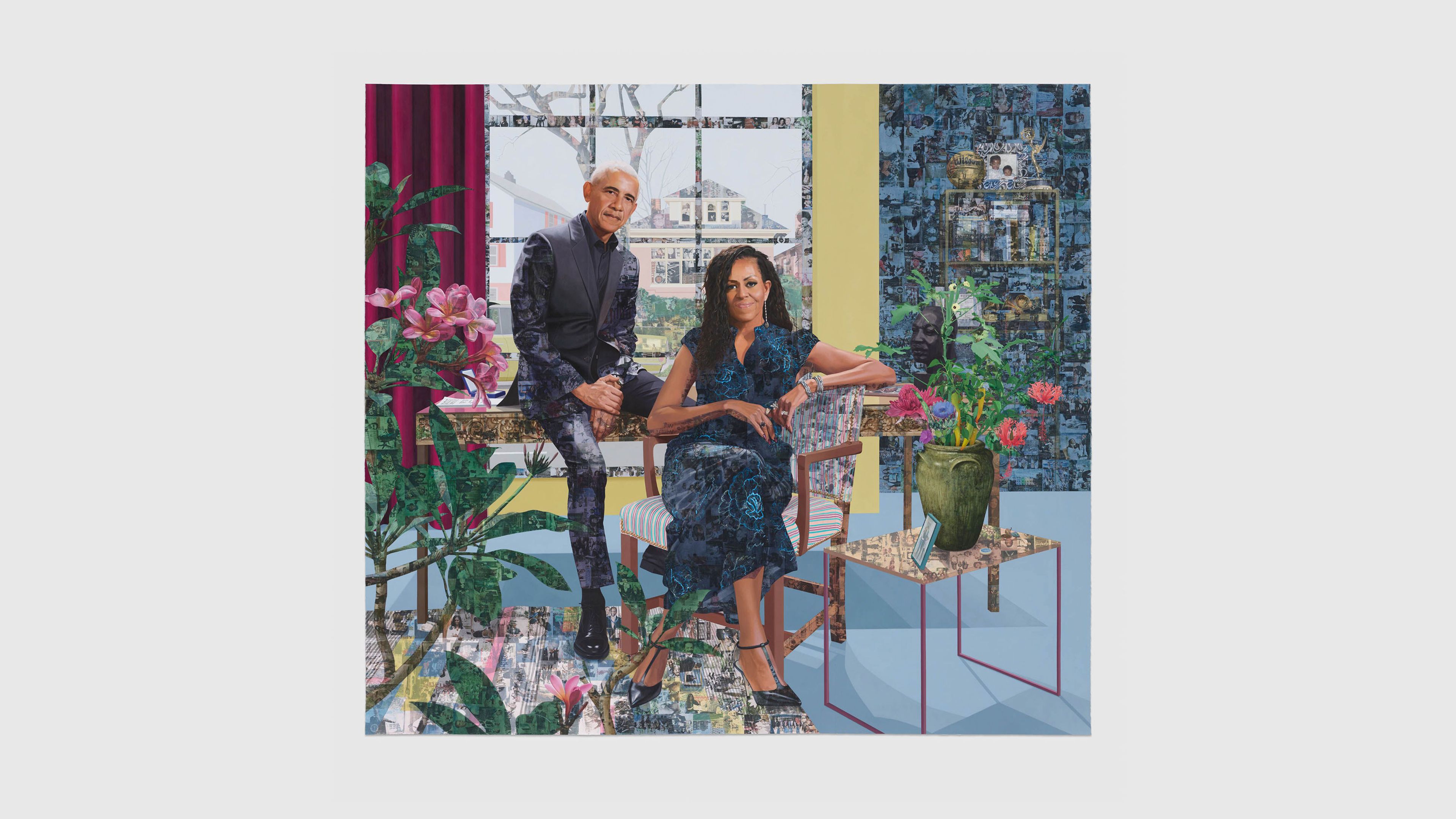 A color painting of Barack and Michelle Obama by Njideka Akunyili Crosby, dated 2026.