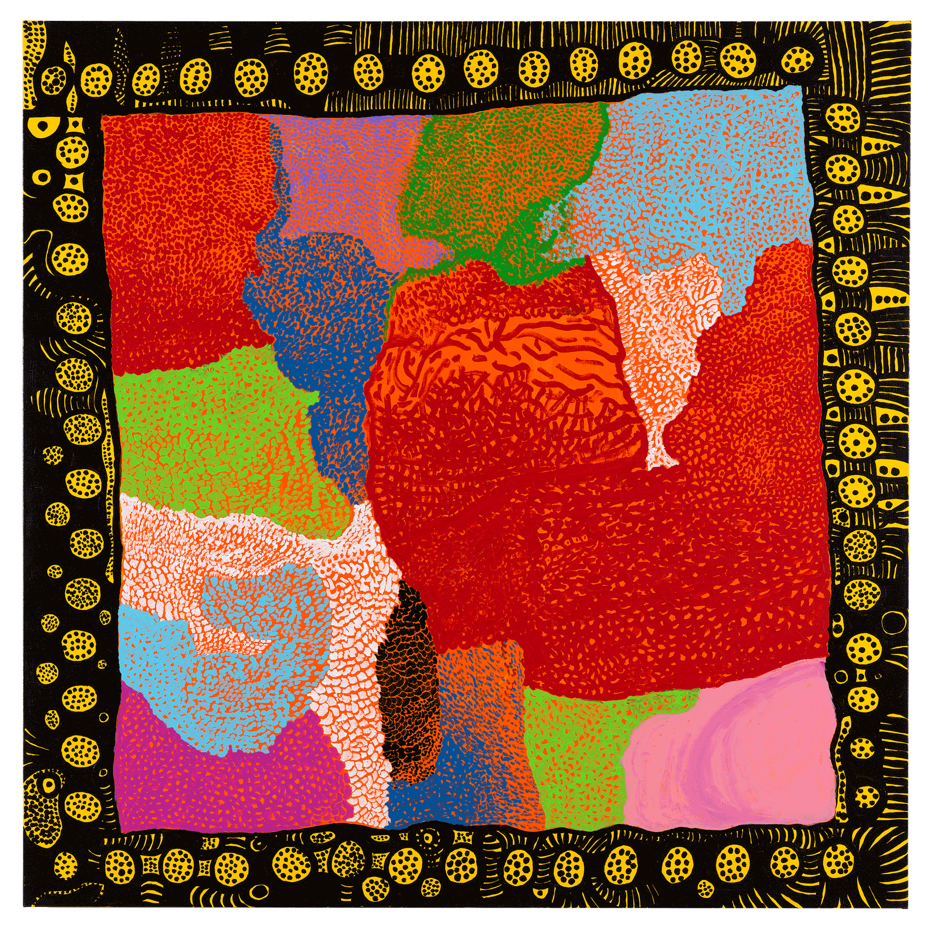 A painting by Yayoi Kusama, titled Death of My Ragged Body, dated 2013.