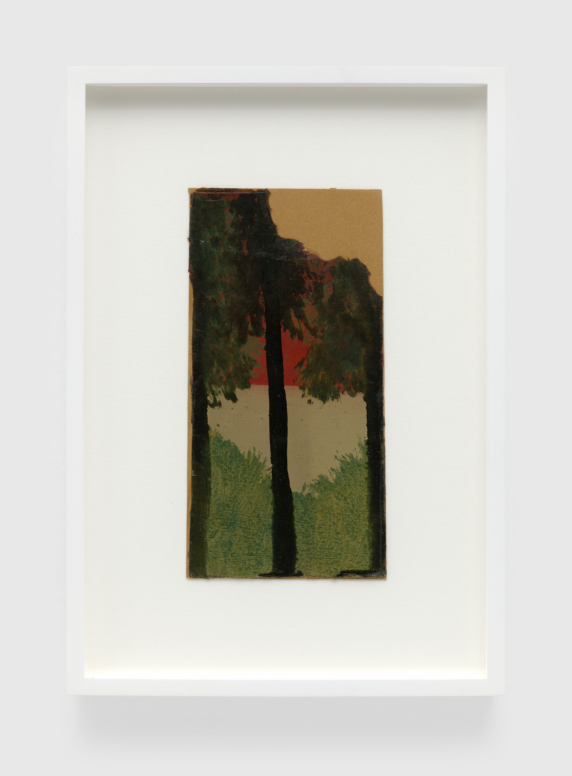 A painting on single-ply cardboard by Frank Walter, called Untitled (Red Sky, Three Trees), n.d.