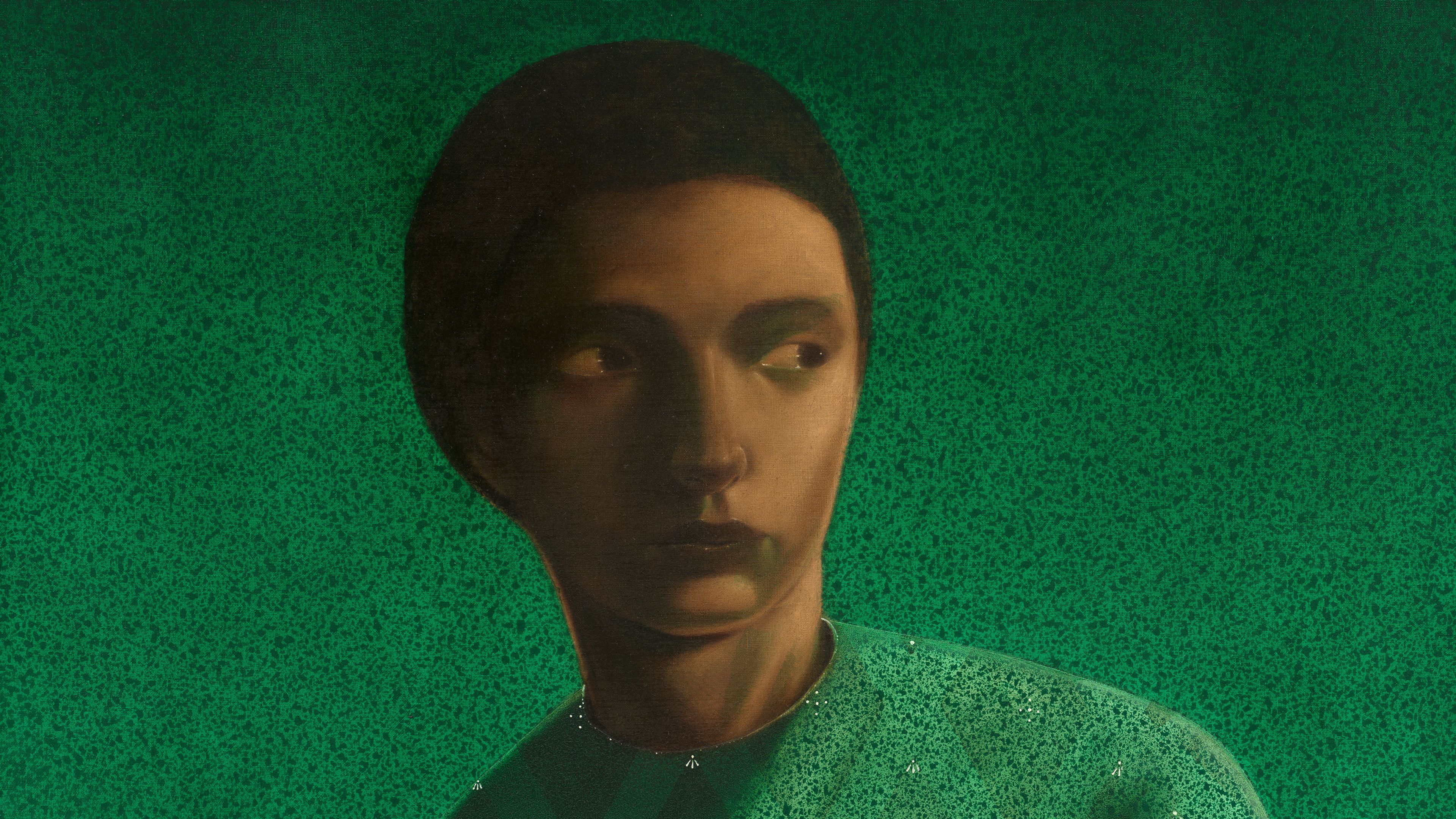 Detail of Jem Perucchini’s Sospiro (2026), depicting a figure with short dark hair and a green garment, gazing to the right against a textured emerald-green background. Dramatic shadows partially obscure the figure’s face.