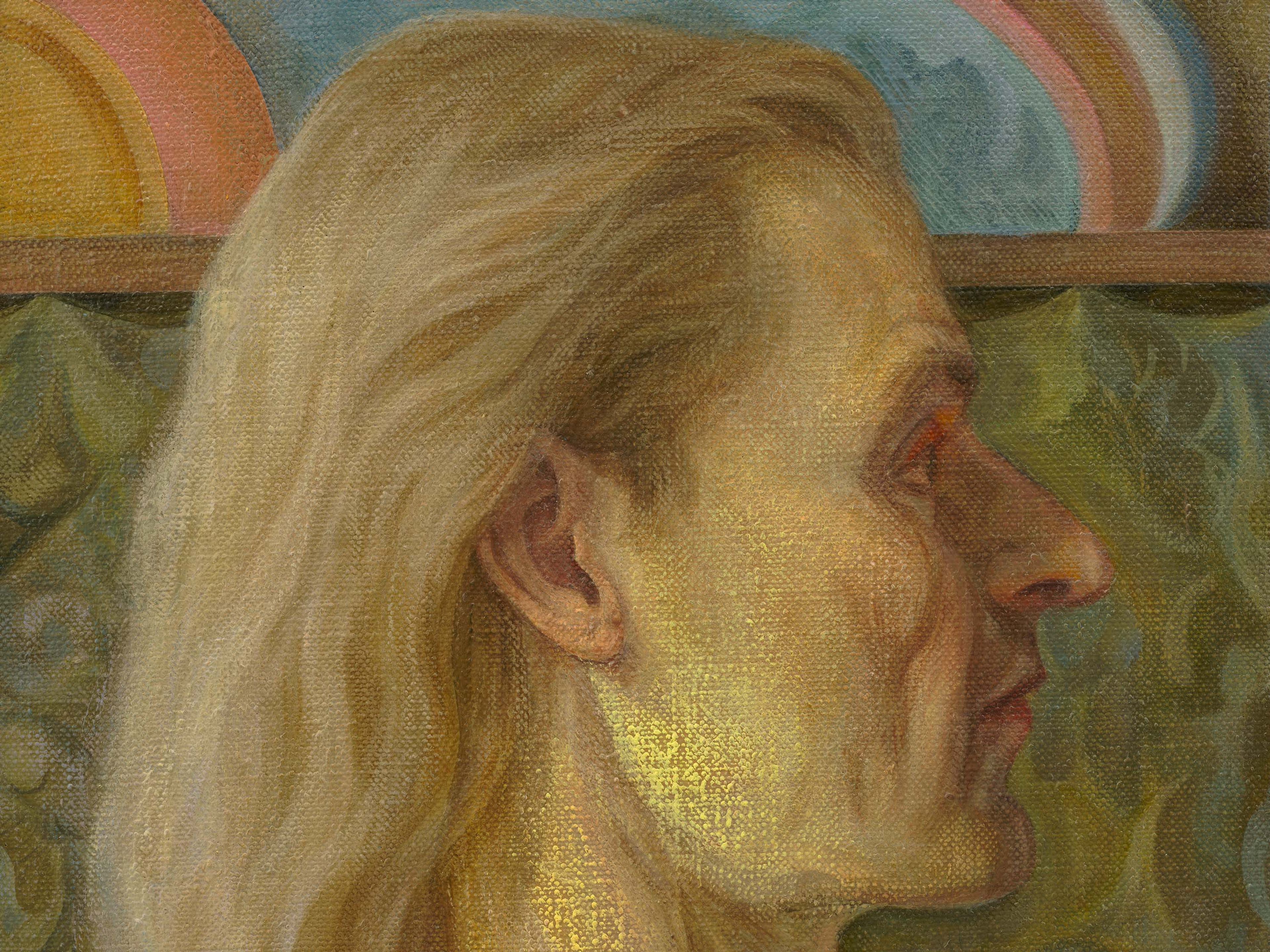 A detail from a painting by Steven Shearer, titled The Moody Muse, dated 2025.