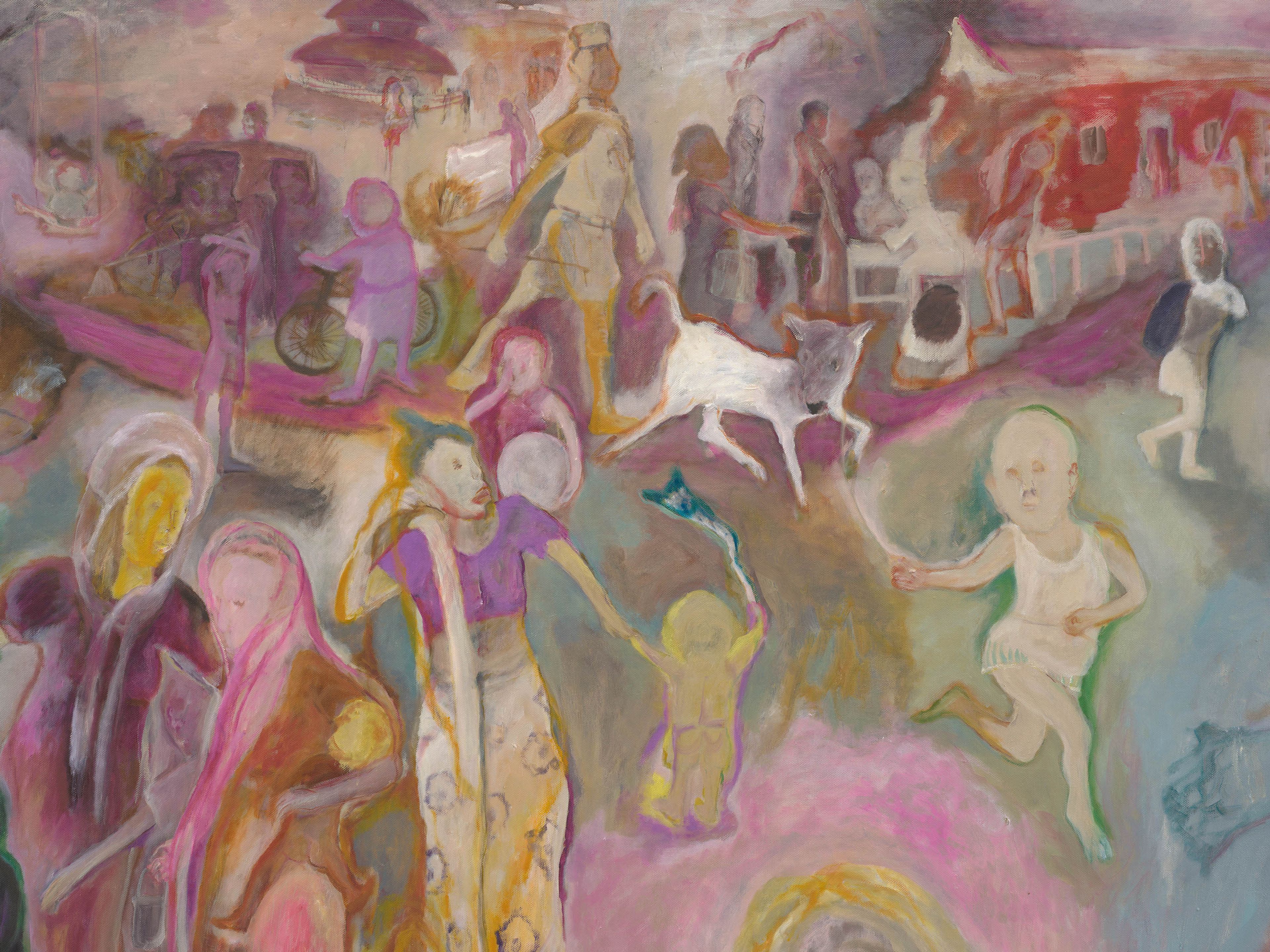 A detail from a painting by Sosa Joseph, titled The wise woman said, ‘it’s going to rain!’, dated 2025.