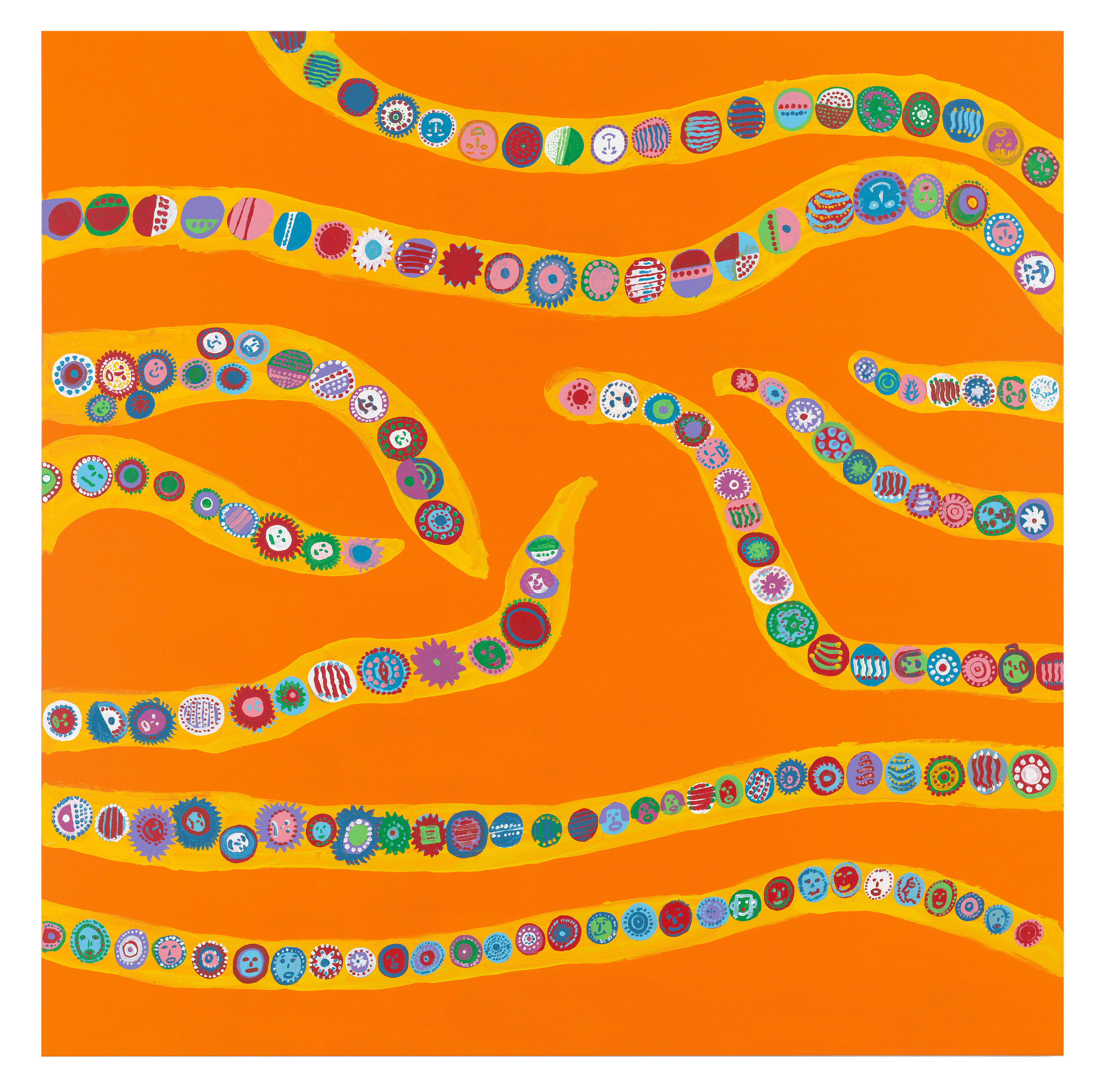 A painting by Yayoi Kusama, titled MY HEART SOARING IN THE SUNSET‚Äã, dated 2013. 