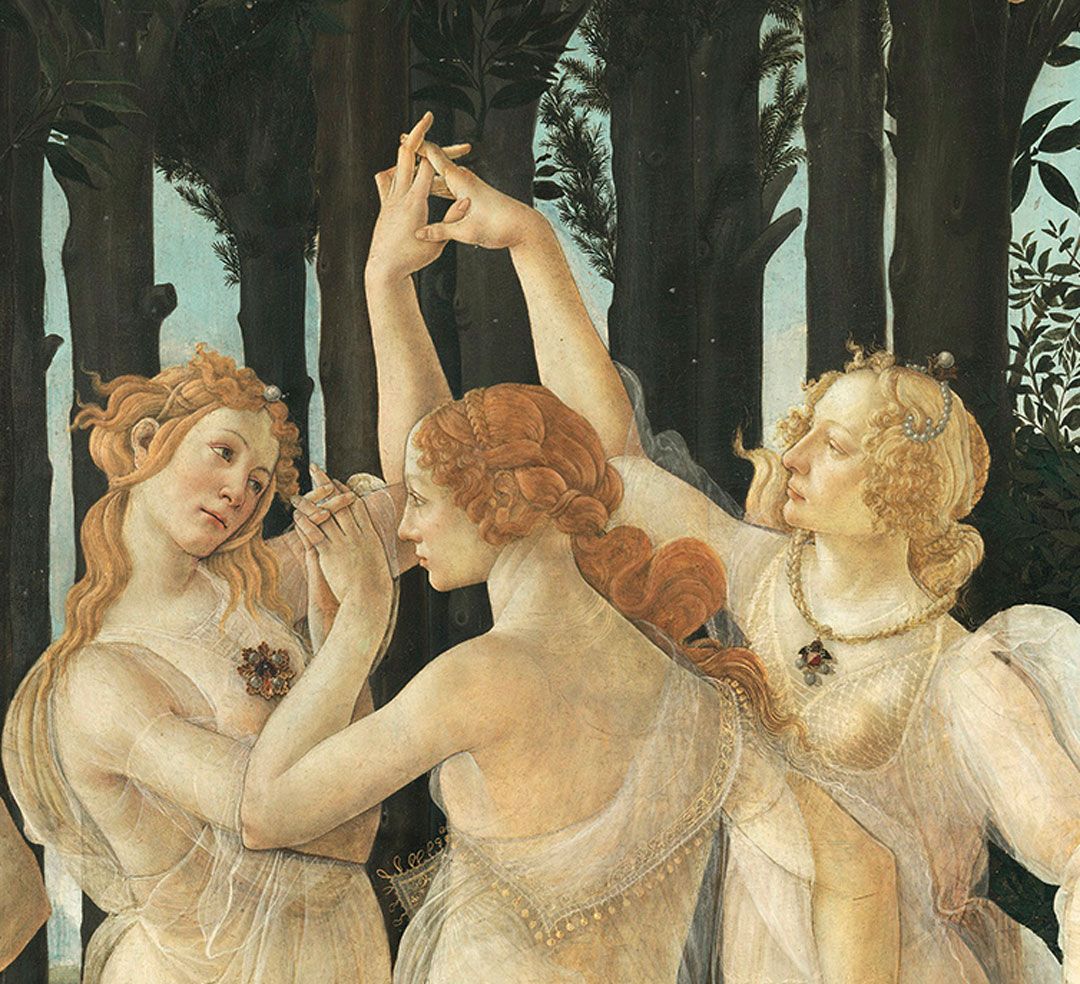 A painting by Jeff Koons, titled Gazing Ball (Botticelli Primavera) (detail), 2017-2020