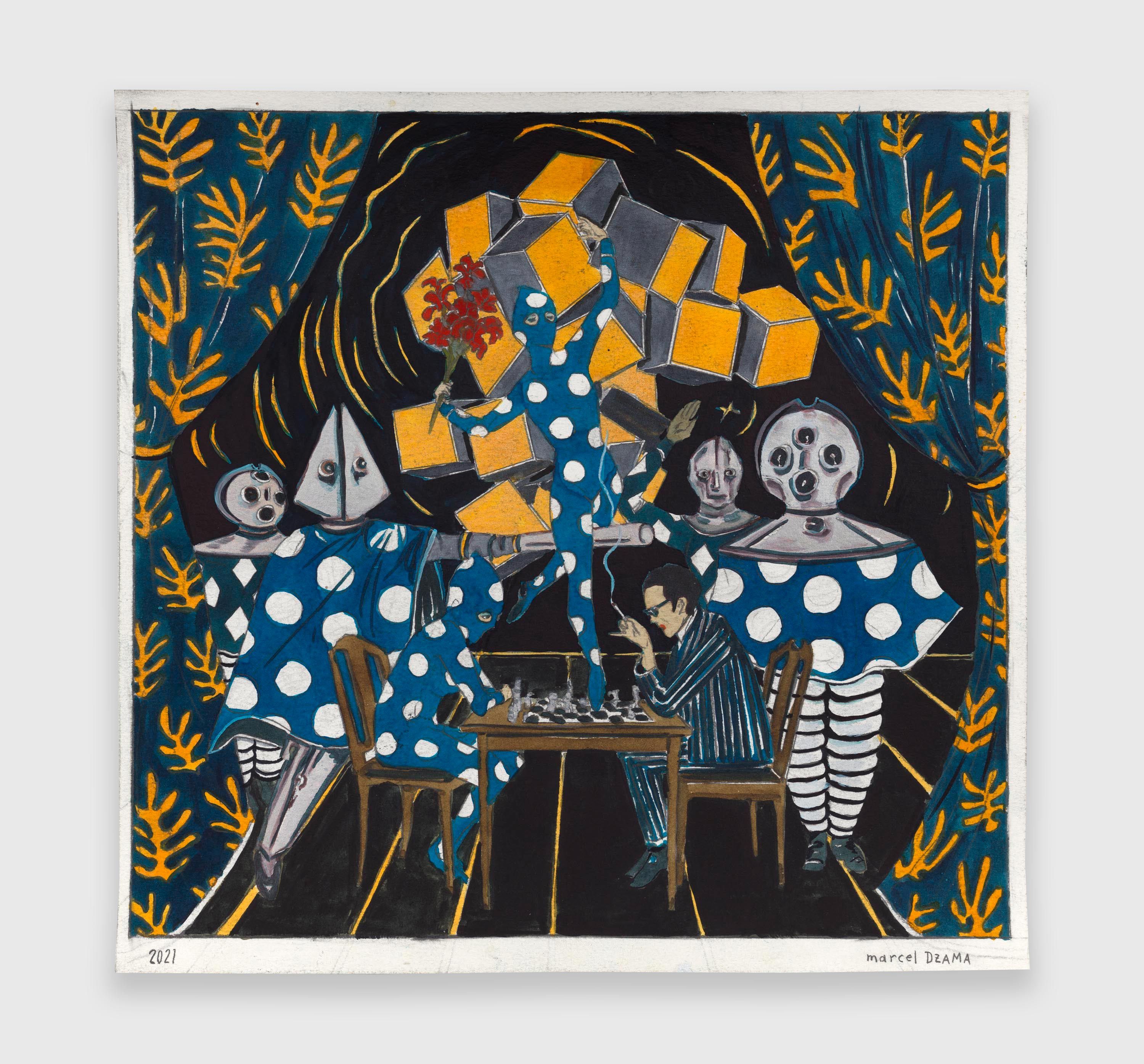 A mixed media artwork by Marcel Dzama, titled All of my pawns are Queens, dated 2021.