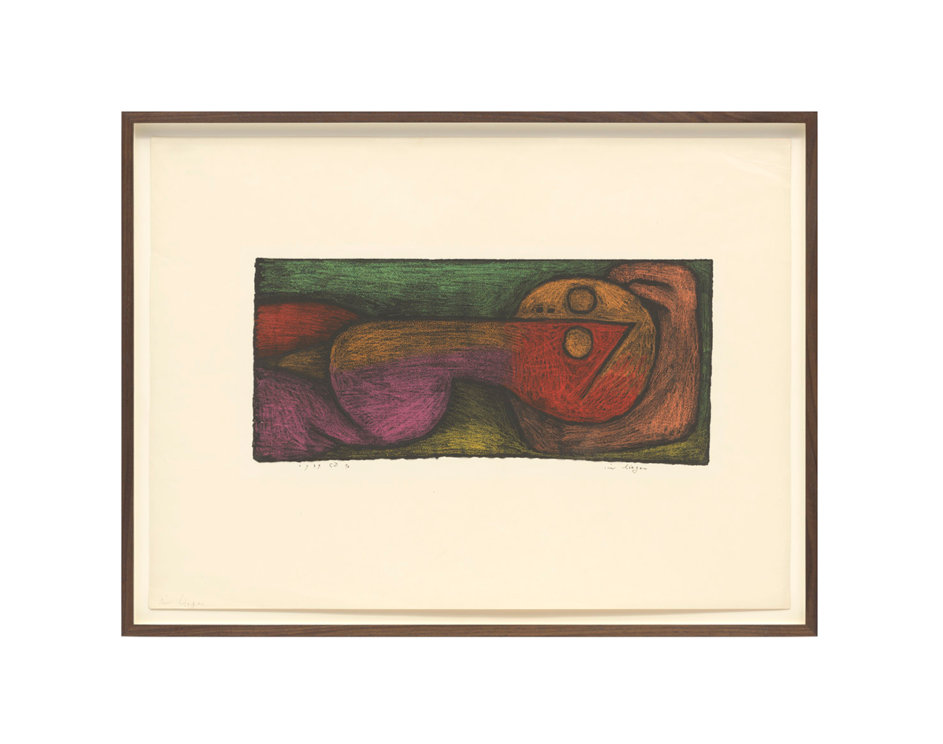 A drawing by Paul Klee, titled im liegen (Lying down), dated 1939.