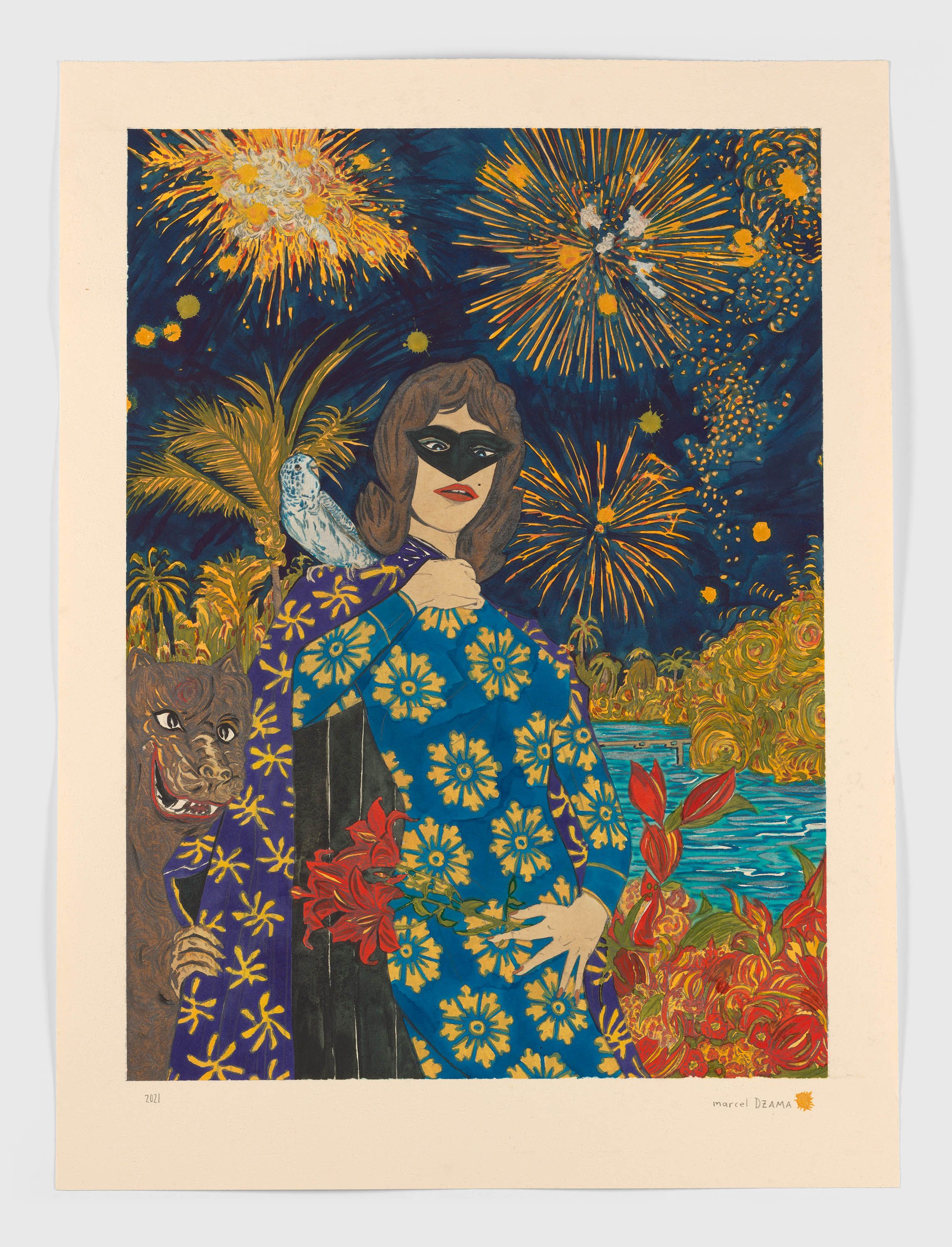 A mixed media artwork by Marcel Dzama, titled And Eve lived happily without Adam and his God, dated 2021.