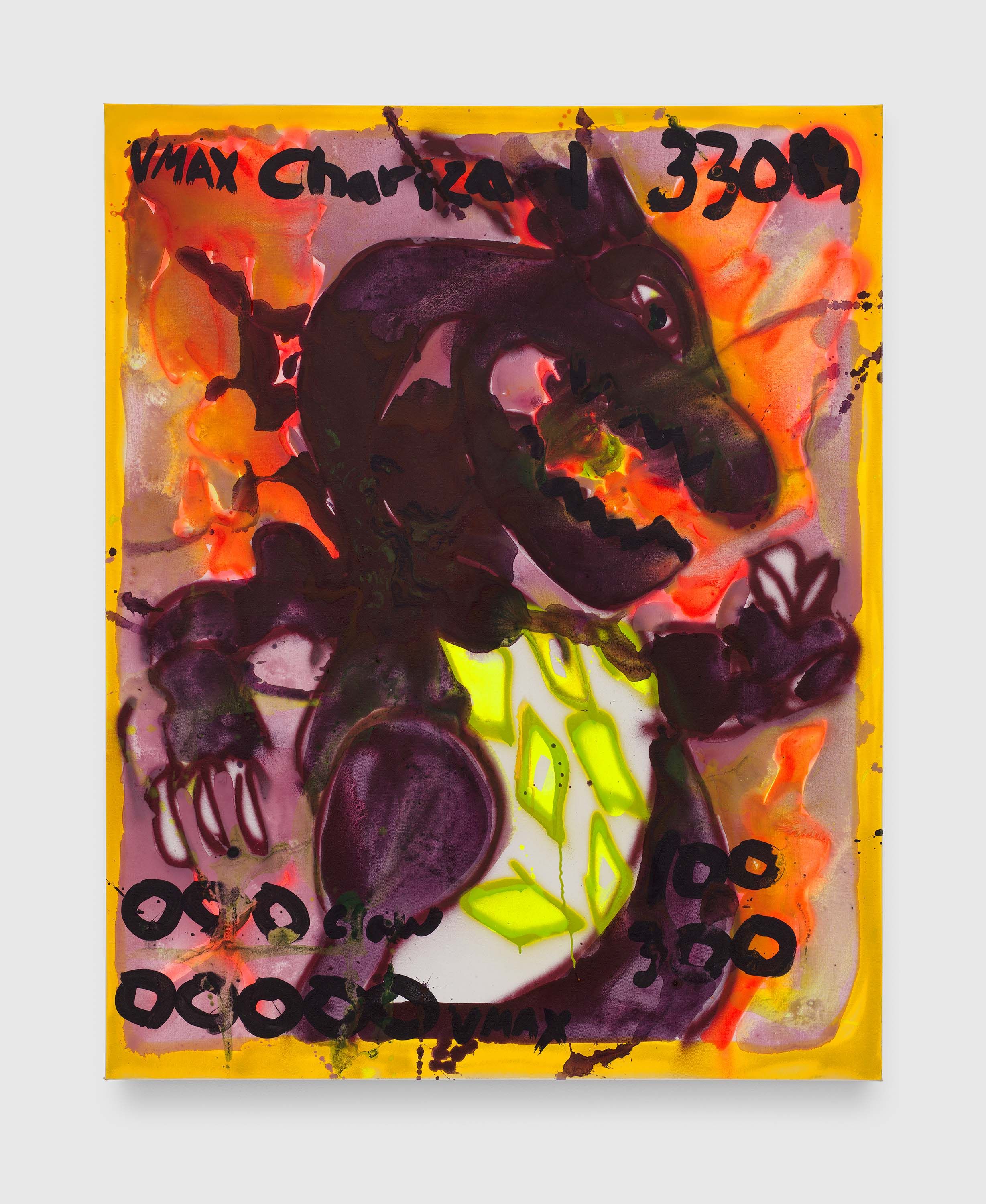 A painting by Katherine Bernhardt, titled Vmax Charizard 330, dated 2021.