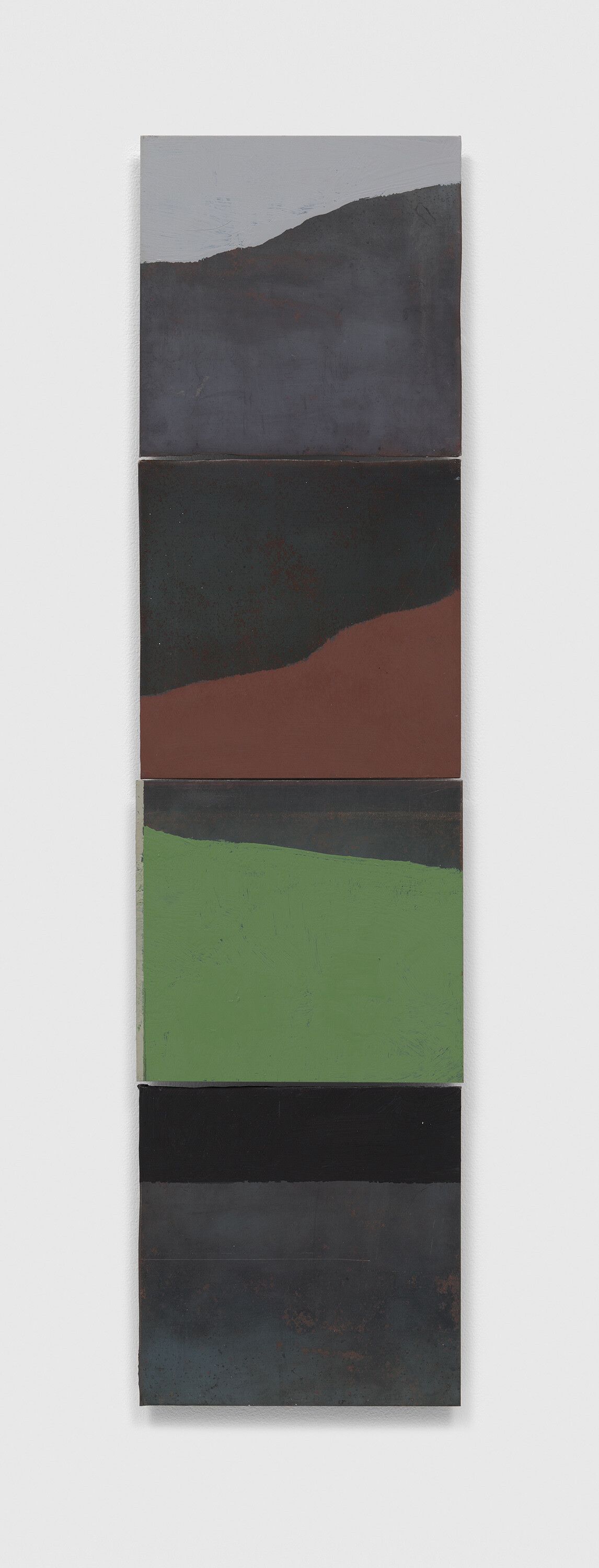 An untitled 4-part painting on steel by Merrill Wagner, dated 2009.
