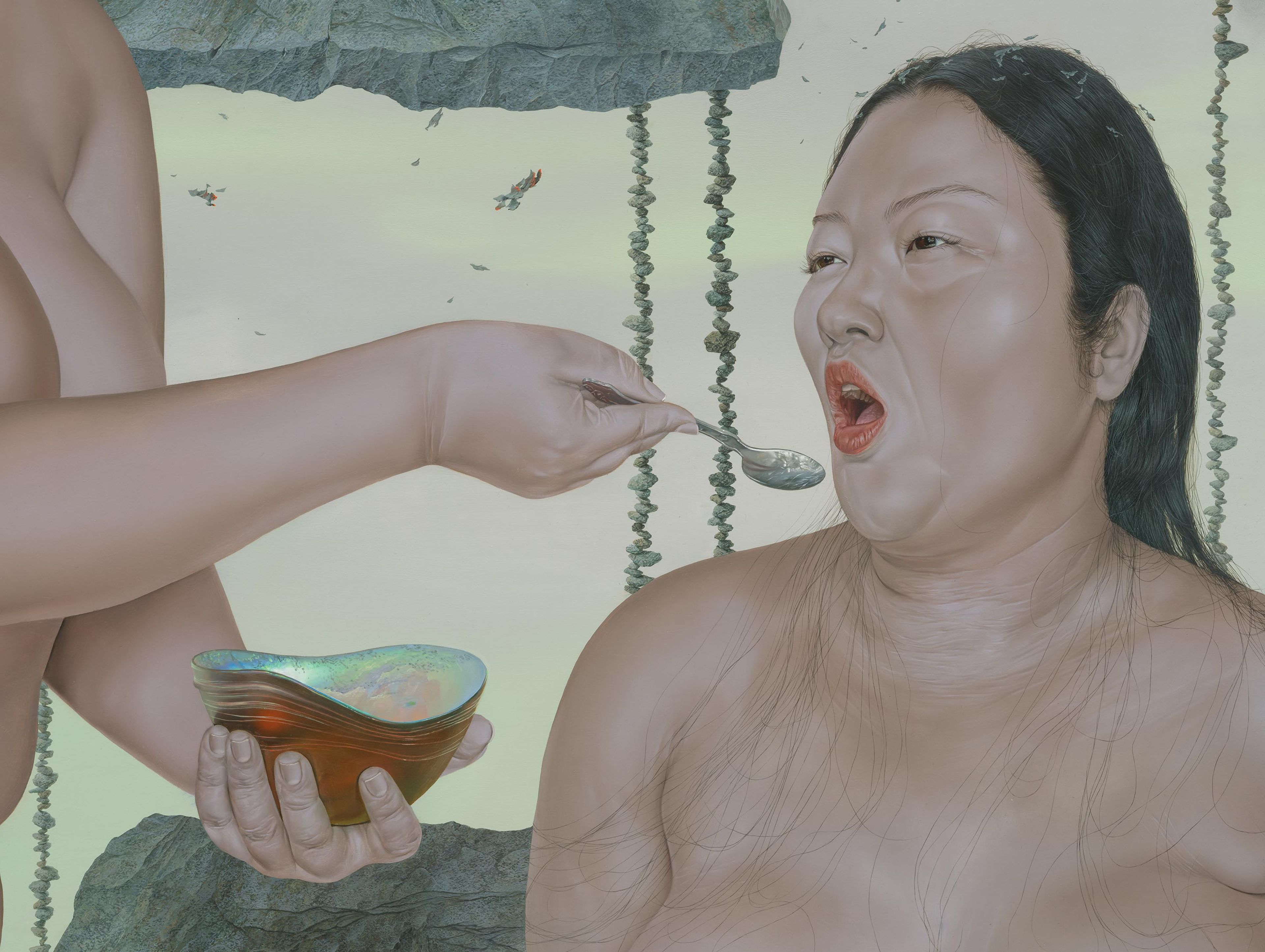 A detail from a painting by Sasha Gordon, titled Husbandry Heaven, dated 2025.